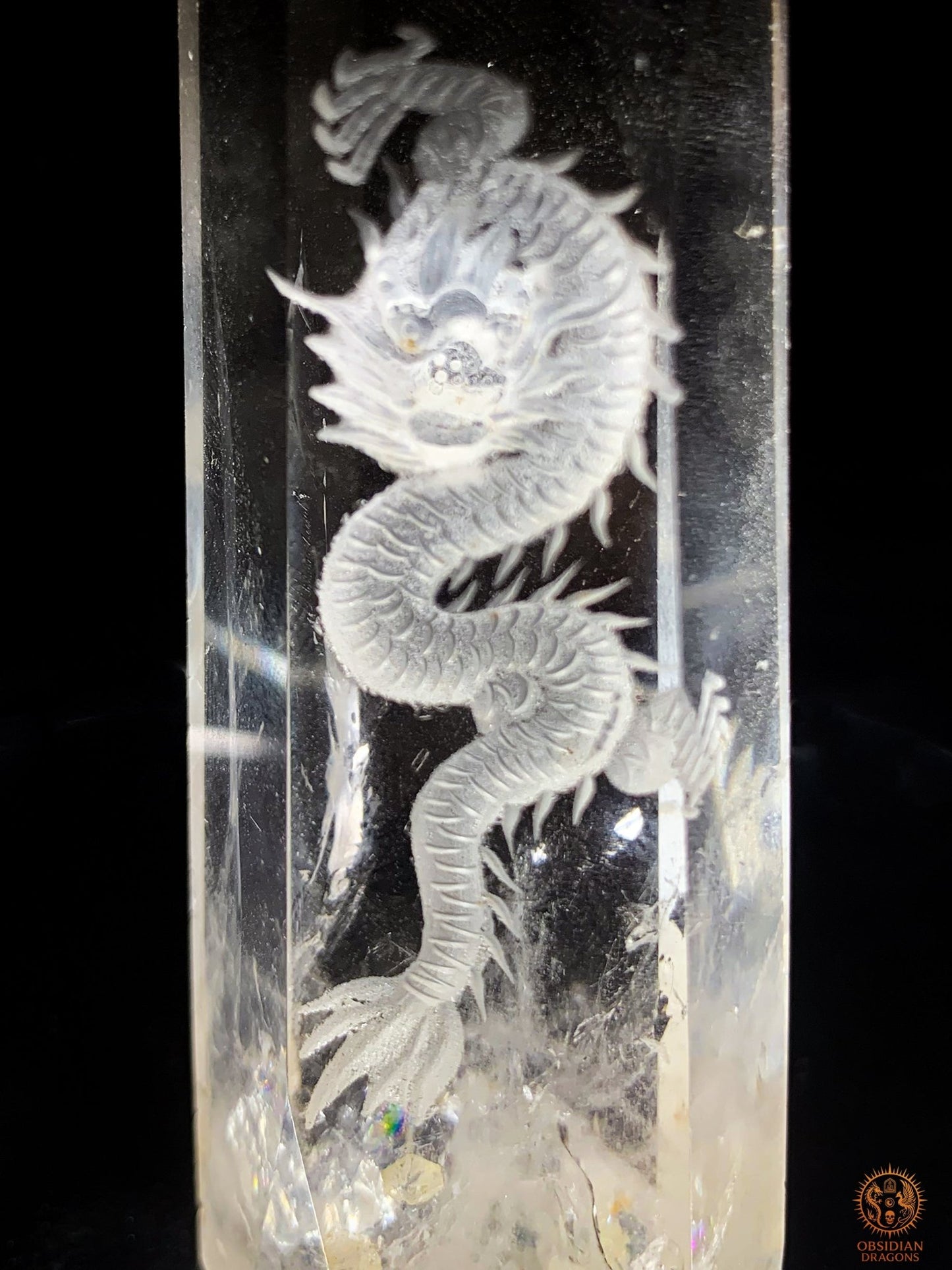 Pointe de Cristal de Roche Dragon – Gravure glyptique 3D | obsidian dragons
