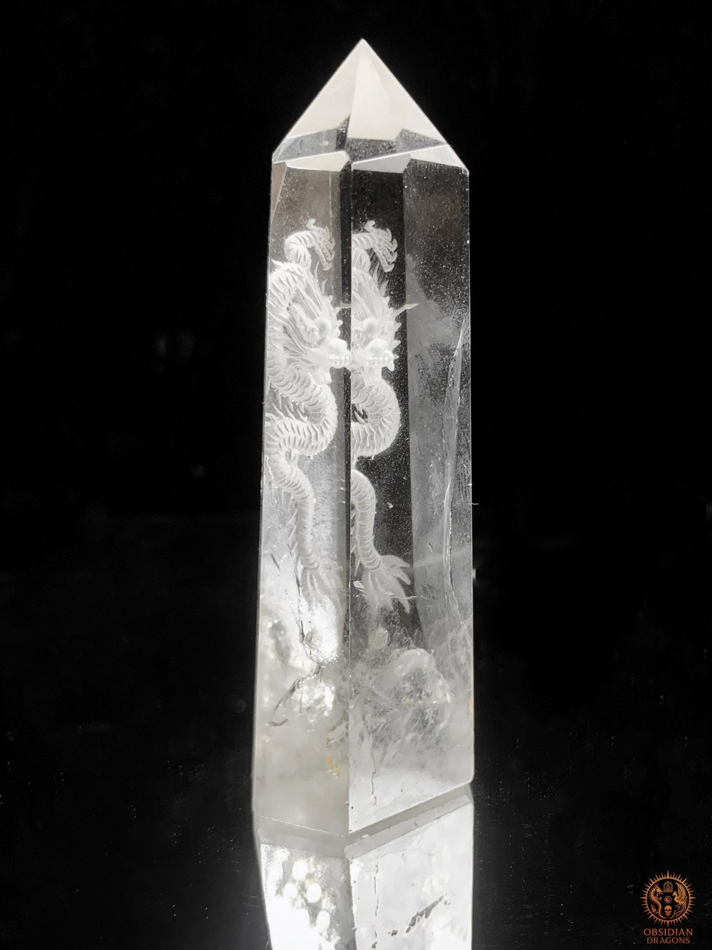 Pointe de Cristal de Roche Dragon – Gravure glyptique 3D | obsidian dragons