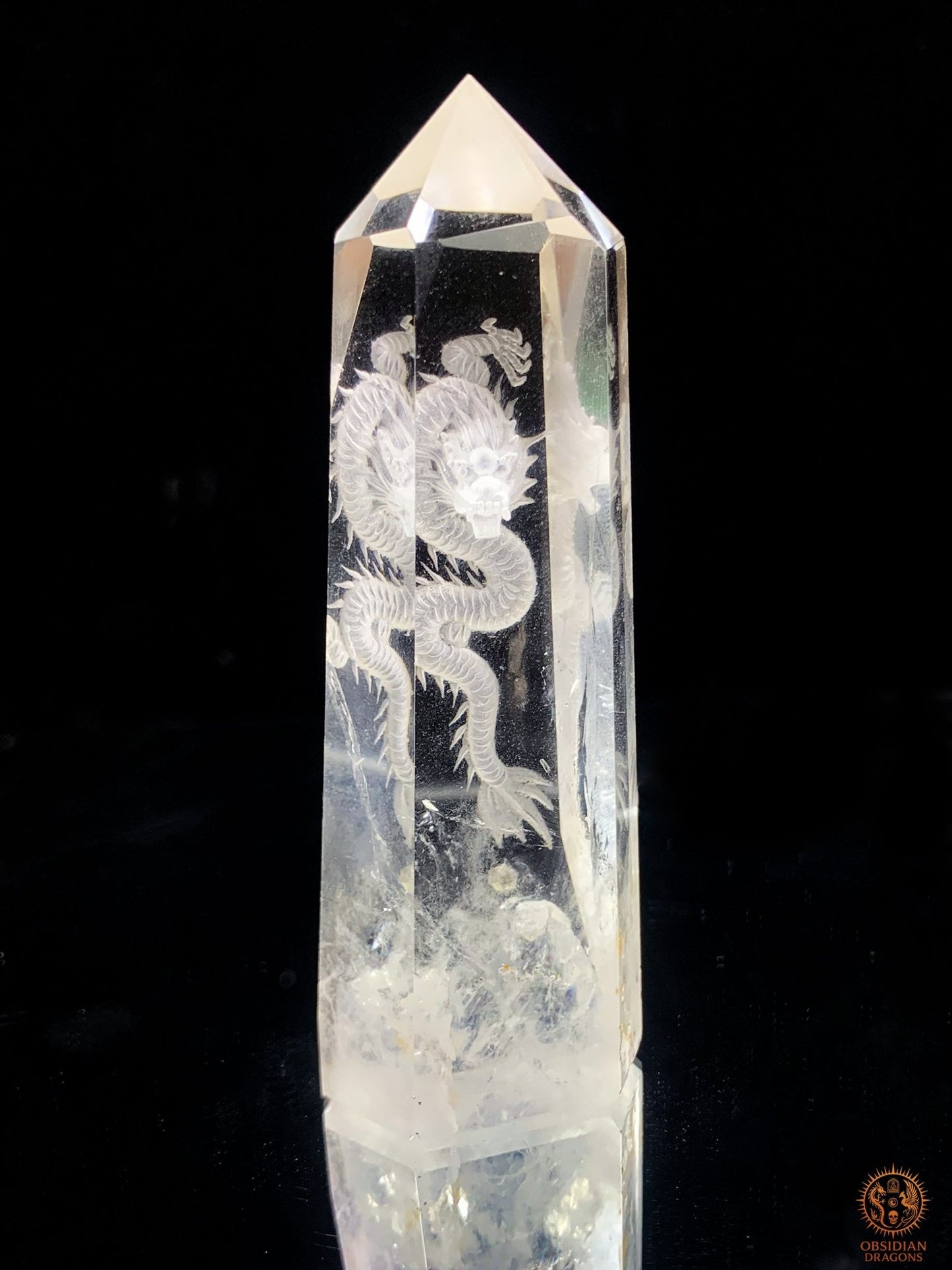 Pointe de Cristal de Roche Dragon – Gravure glyptique 3D - obsidian dragons