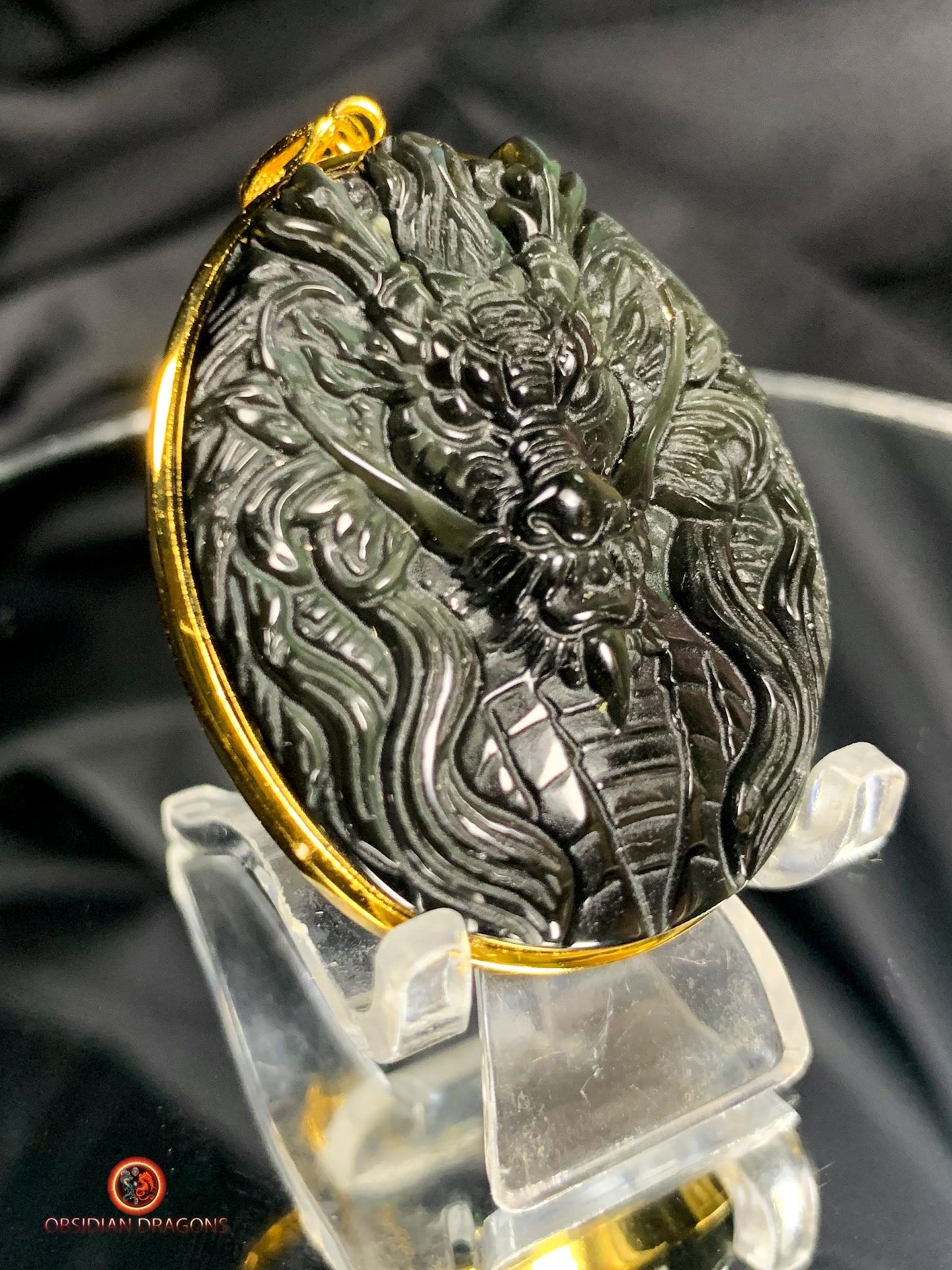 Talisman Dragon en Obsidienne - Argent Plaqué Or 24K | obsidian dragons