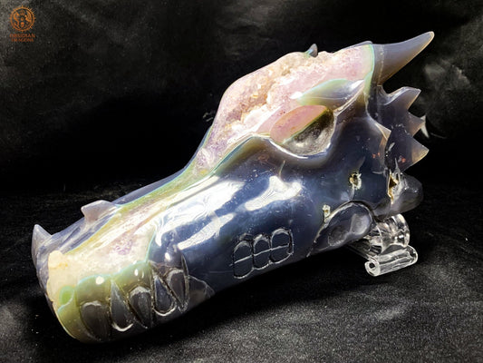 Très grand Crâne de Dragon en Géode de Quartz – Pièce rare | obsidian dragons