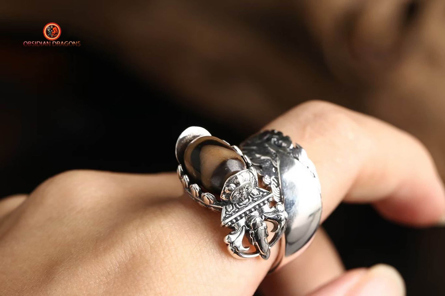 Bague bouddhiste tibétaine- DZI du tigre- épée de manjushri