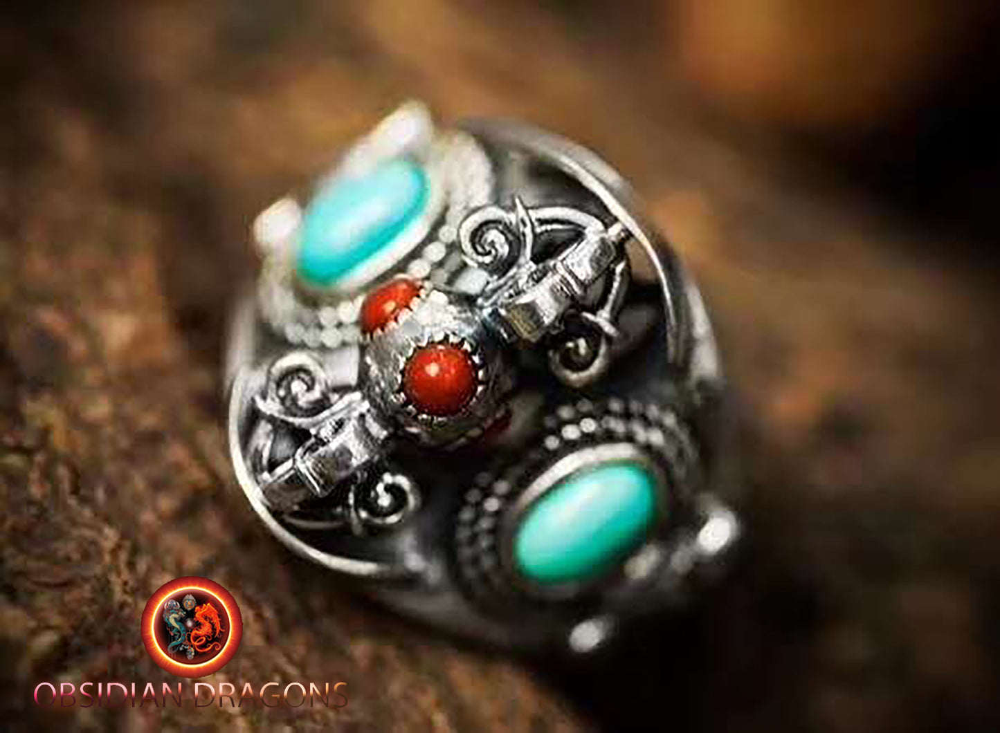 bague bouddhiste tibétaine double dorje argent 925 agate dite nan hong et turquoise d'Arizona - obsidian dragon