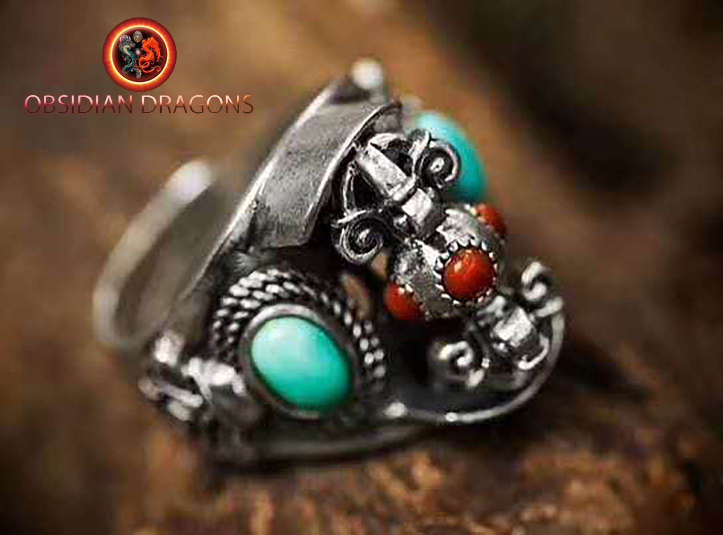 bague bouddhiste tibétaine double dorje argent 925 agate dite nan hong et turquoise d'Arizona - obsidian dragon