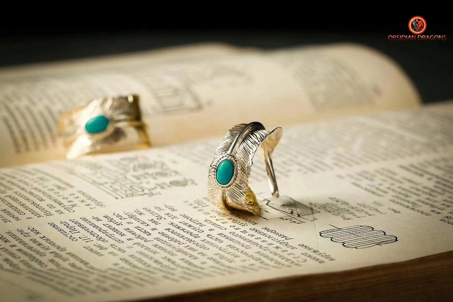 Bague plume d'aigle- Argent et turquoise | obsidian dragons