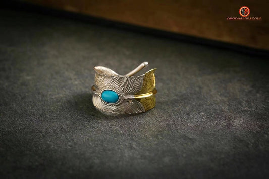 Bague plume d'aigle- Argent et turquoise | obsidian dragons