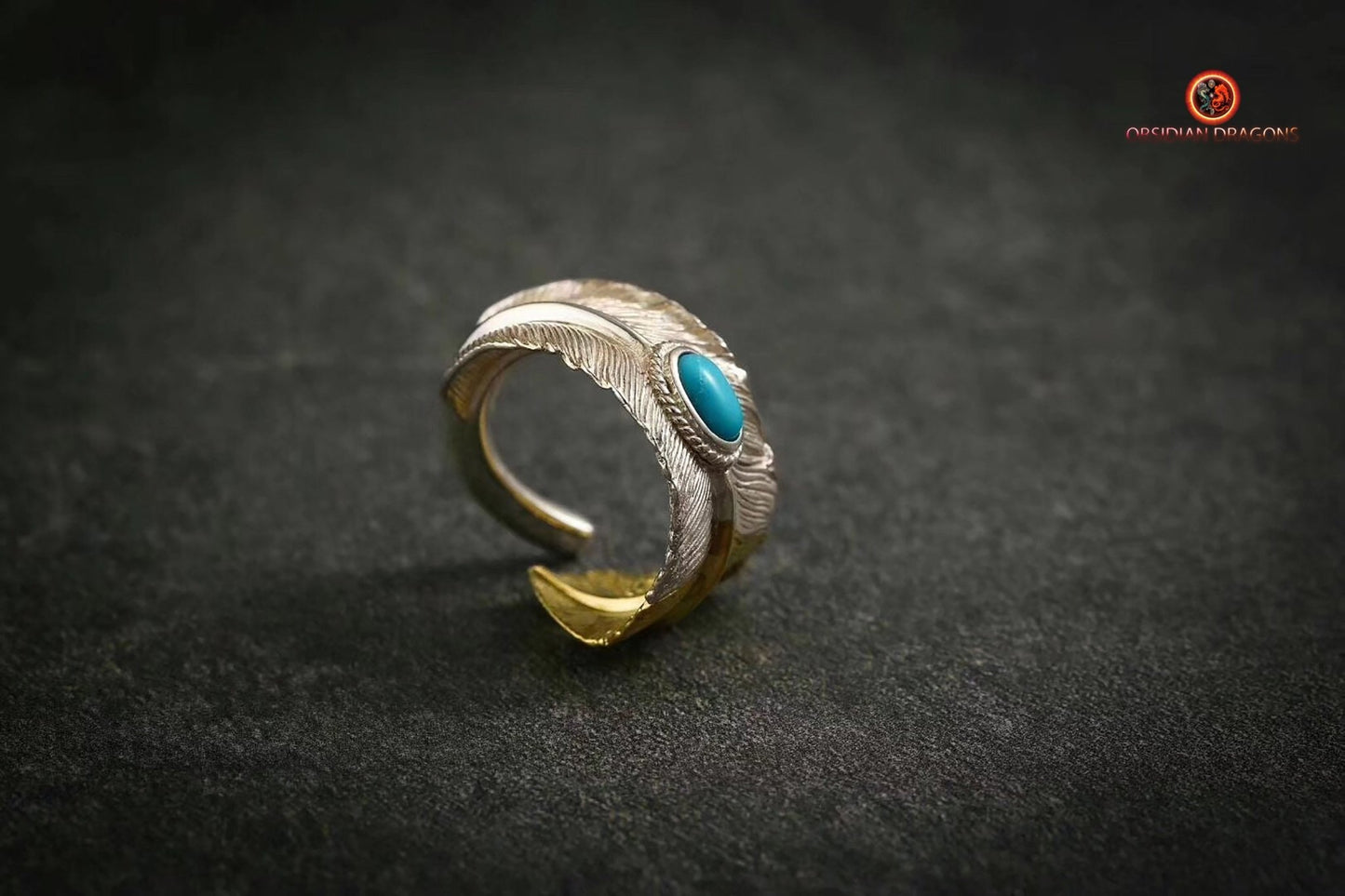Bague plume d'aigle- Argent et turquoise | obsidian dragons