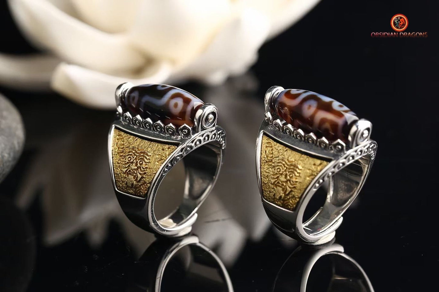 Bague Tibétaine DZI à 9 Yeux - Richesse et Protection | obsidian dragons