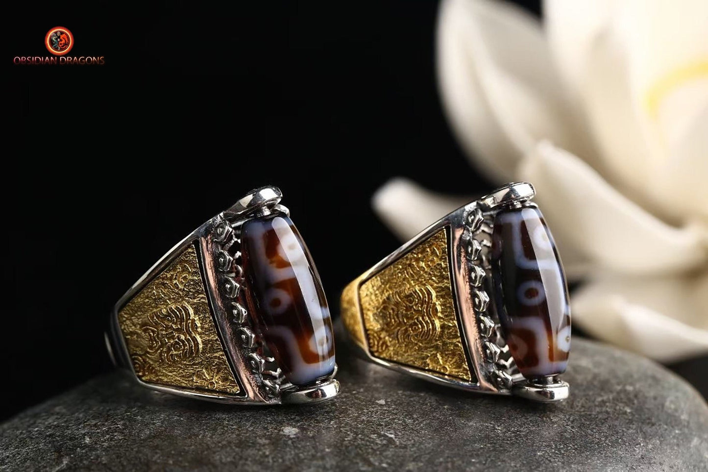 Bague Tibétaine DZI à 9 Yeux - Richesse et Protection | obsidian dragons