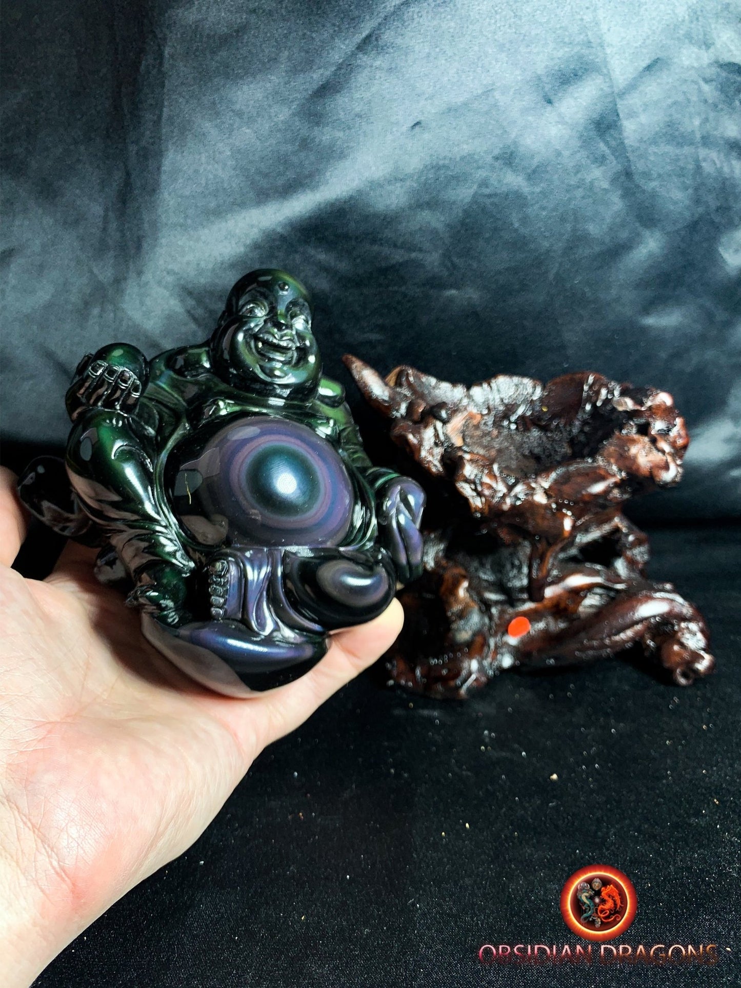 Rare statuette de bouddha en obsidienne oeil celeste | obsidian dragons