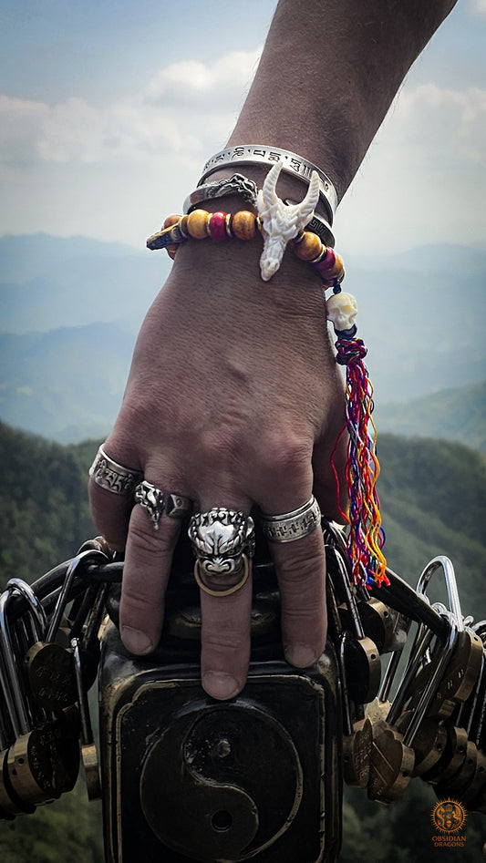 Bracelet Dragon - Bois de cerf, os, agate nan hong & DZI - obsidian dragons