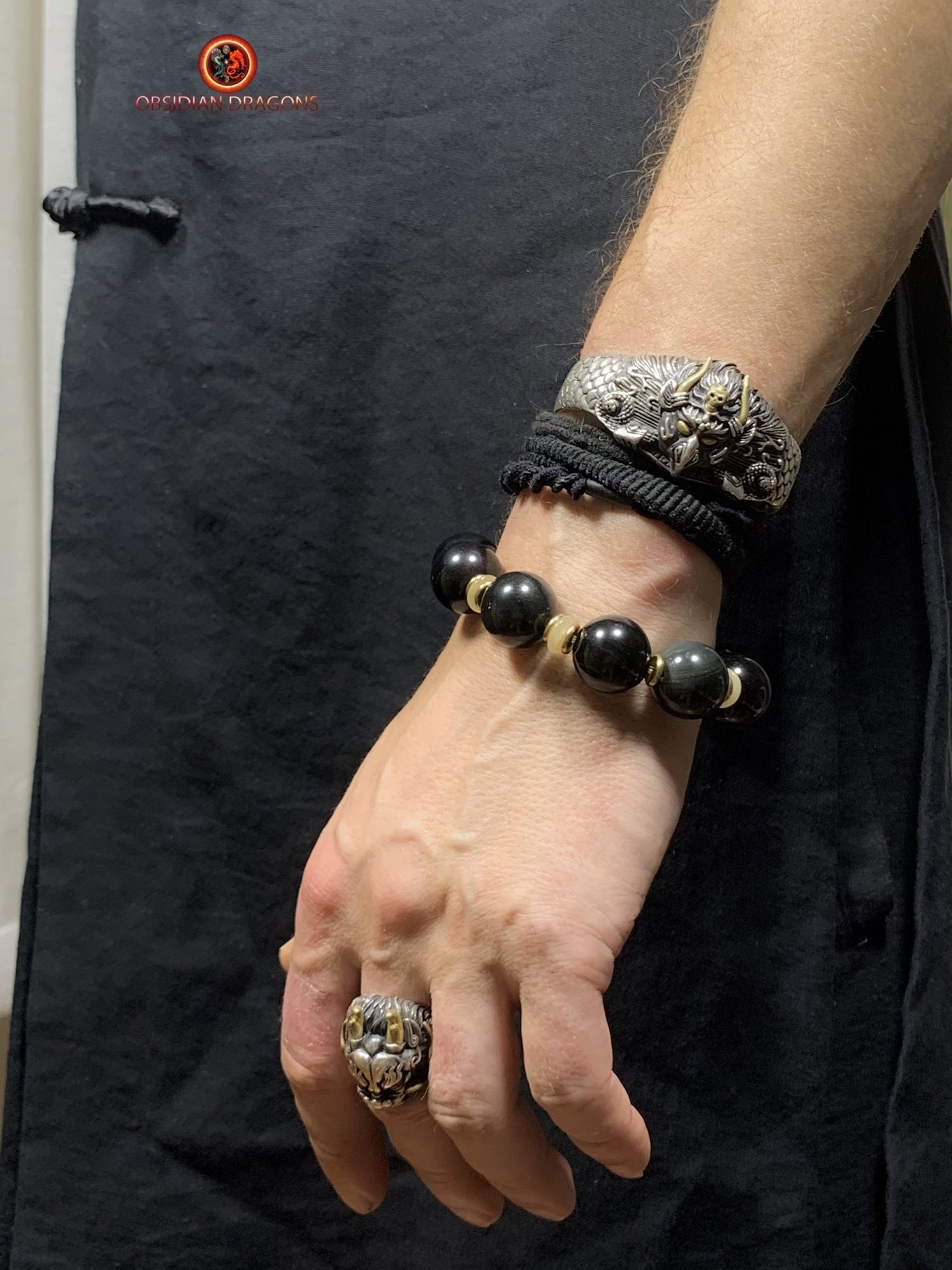 Bracelet Dragon Bois de Cerf - Obsidiennes oeil celeste | obsidian dragons