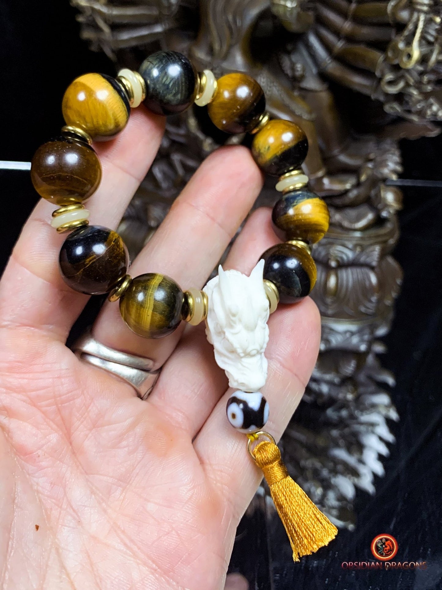 Bracelet Dragon Bois de Cerf - perles en oeil de tigre | obsidian dragons