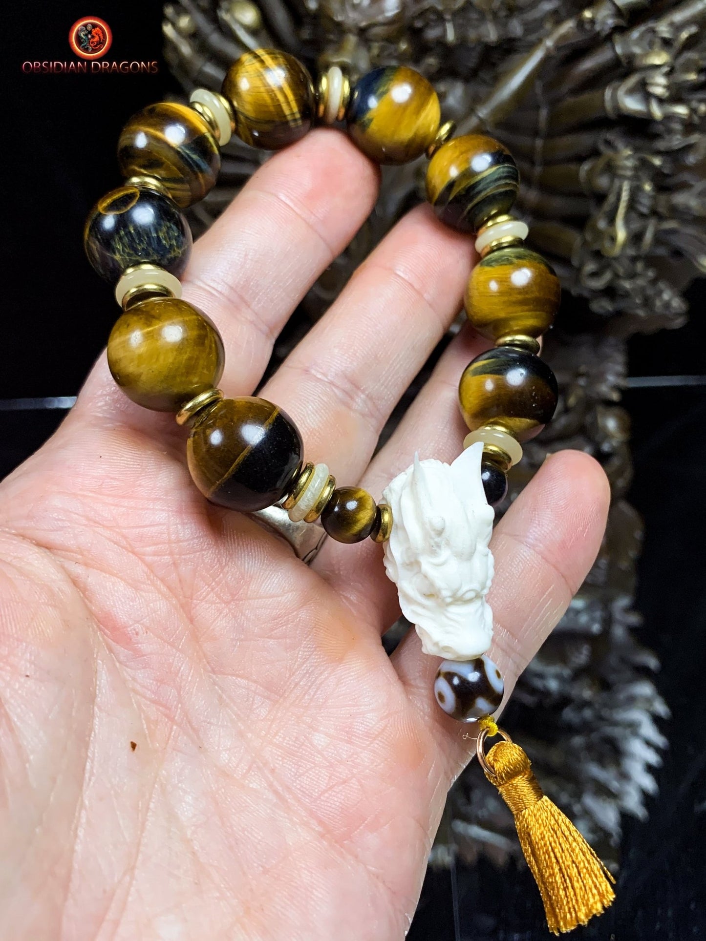 Bracelet Dragon Bois de Cerf - oeil de tigre | obsidian dragons