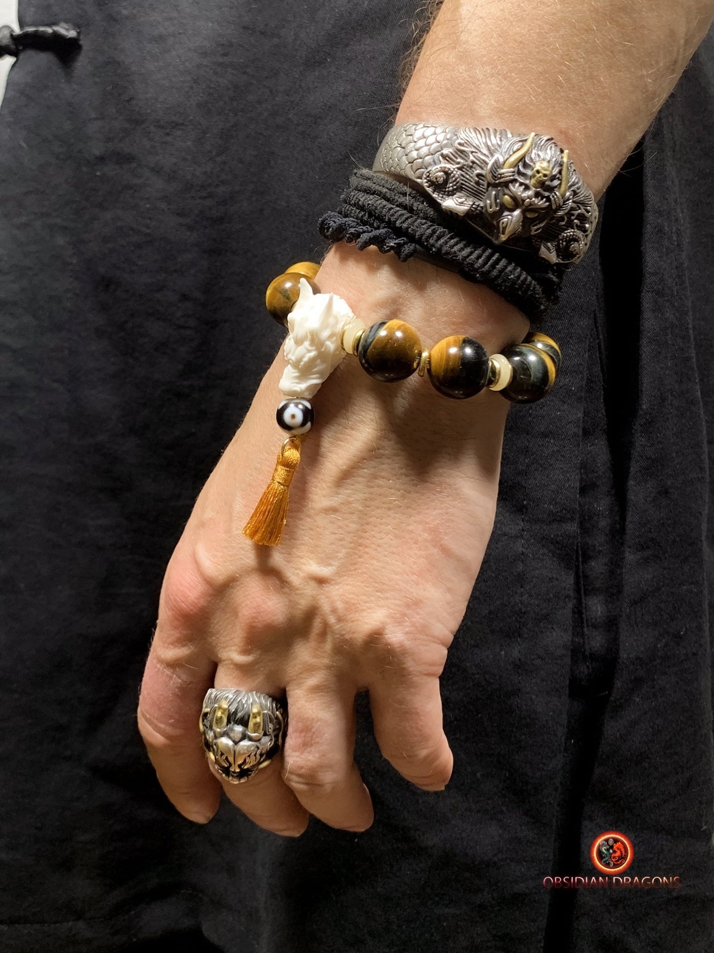 Bracelet Dragon Bois de Cerf - perles en oeil de tigre | obsidian dragons