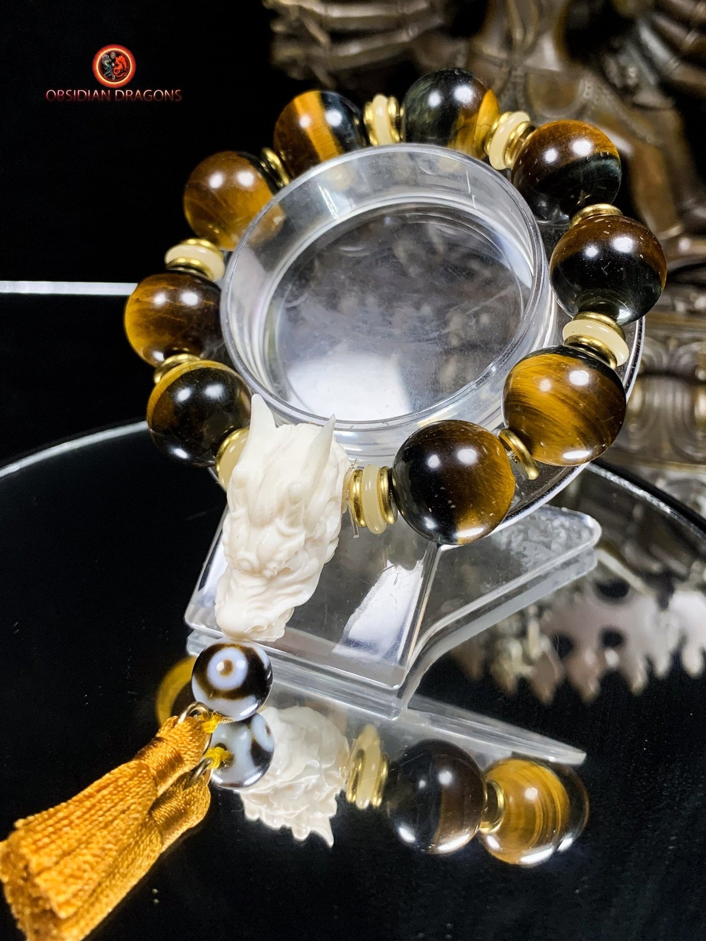 Bracelet Dragon Bois de Cerf - perles en oeil de tigre | obsidian dragons