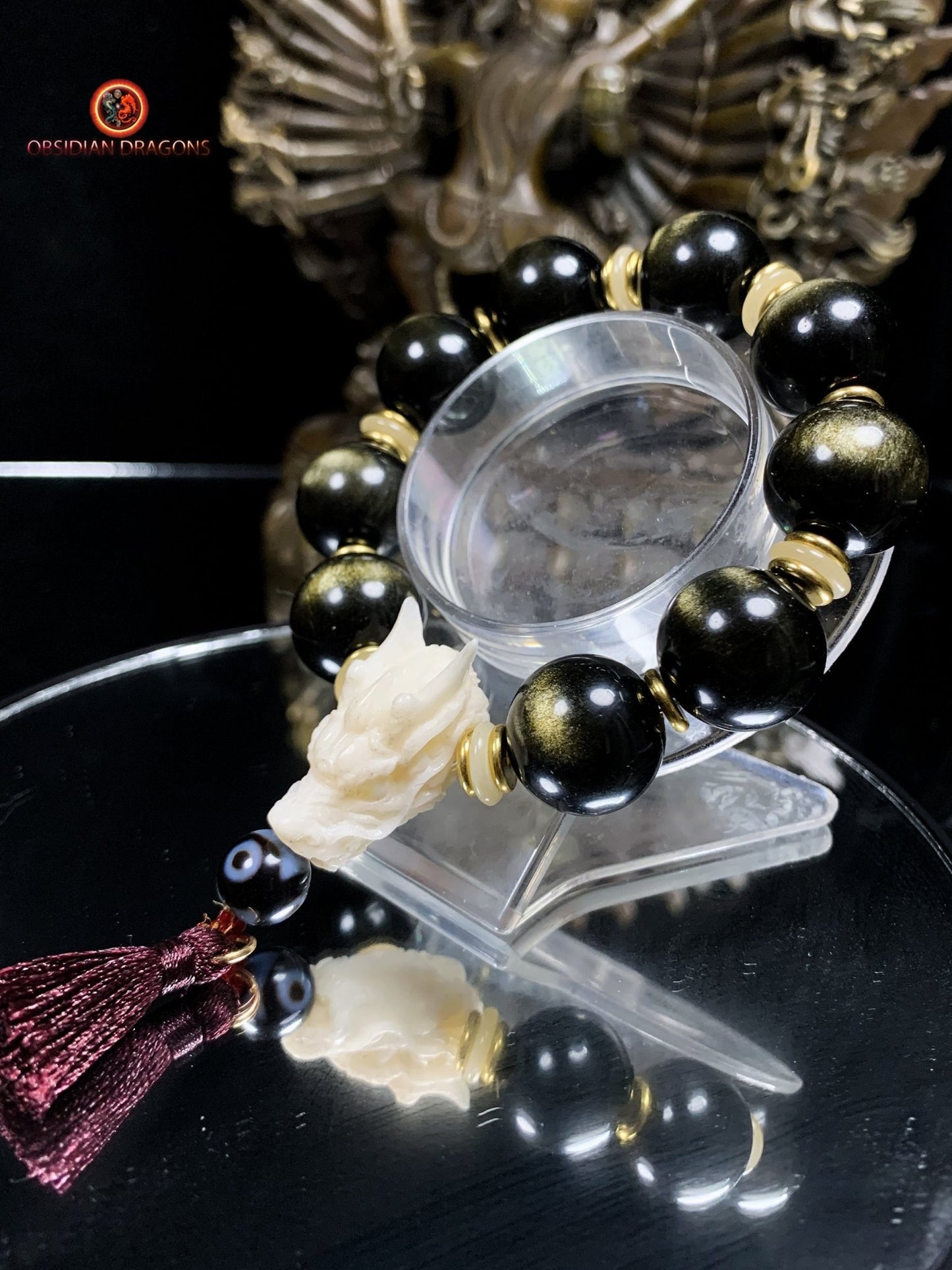 Bracelet Dragon Bois de Cerf - Perles Obsidienne Dorée | obsidian dragons