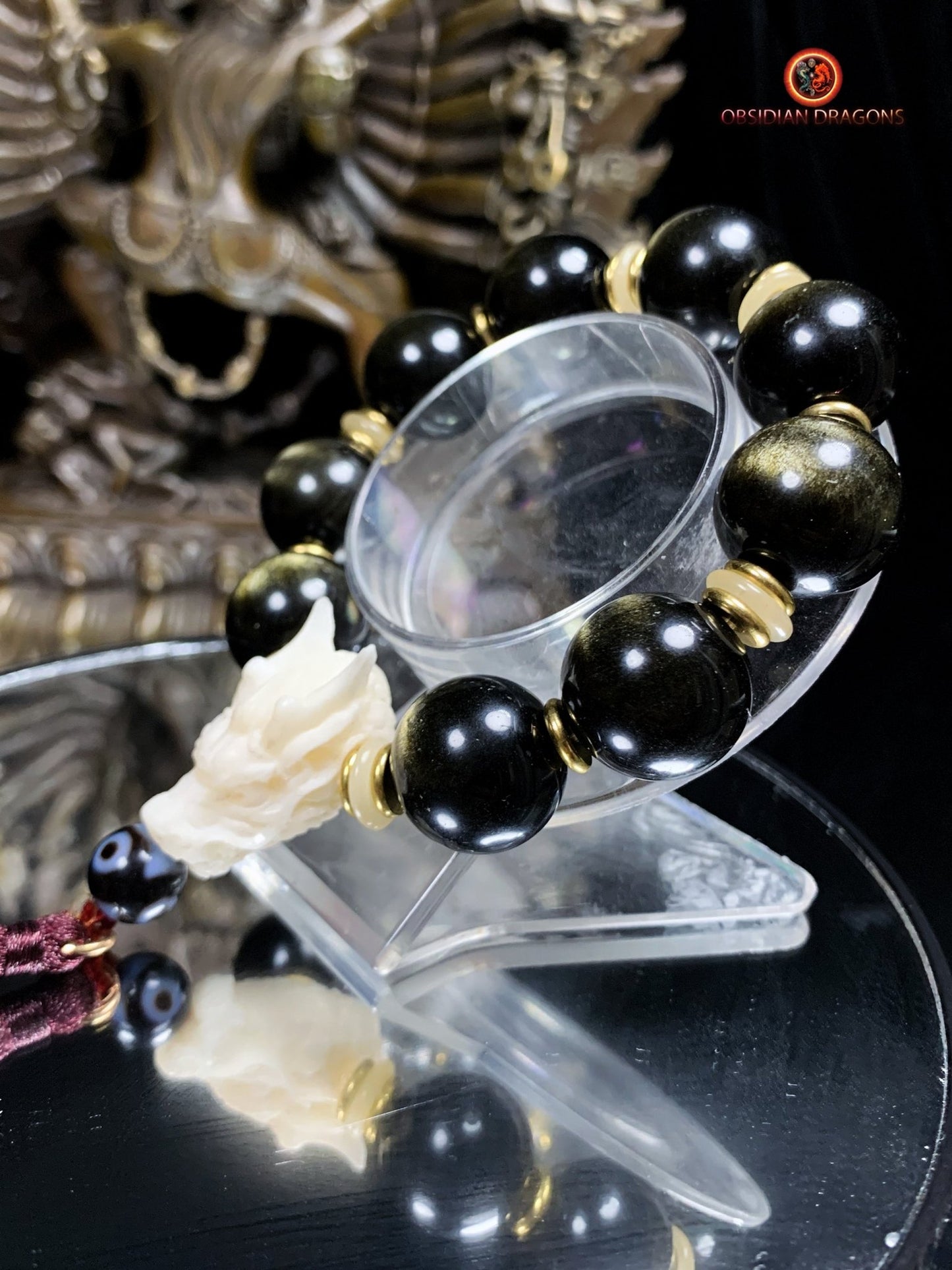 Bracelet Dragon Bois de Cerf - Perles Obsidienne Dorée | obsidian dragons