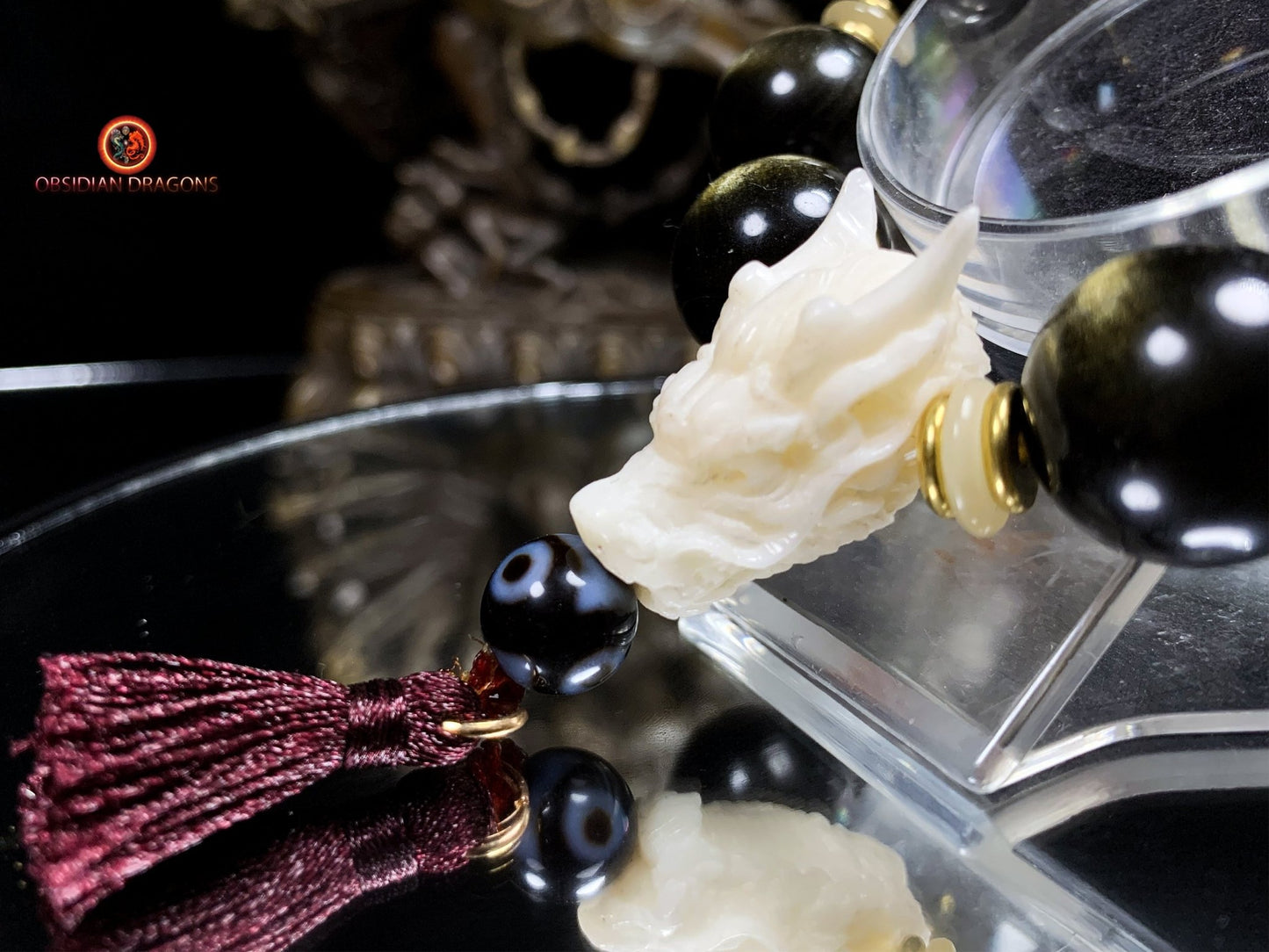 Bracelet Dragon Bois de Cerf - Perles Obsidienne Dorée | obsidian dragons