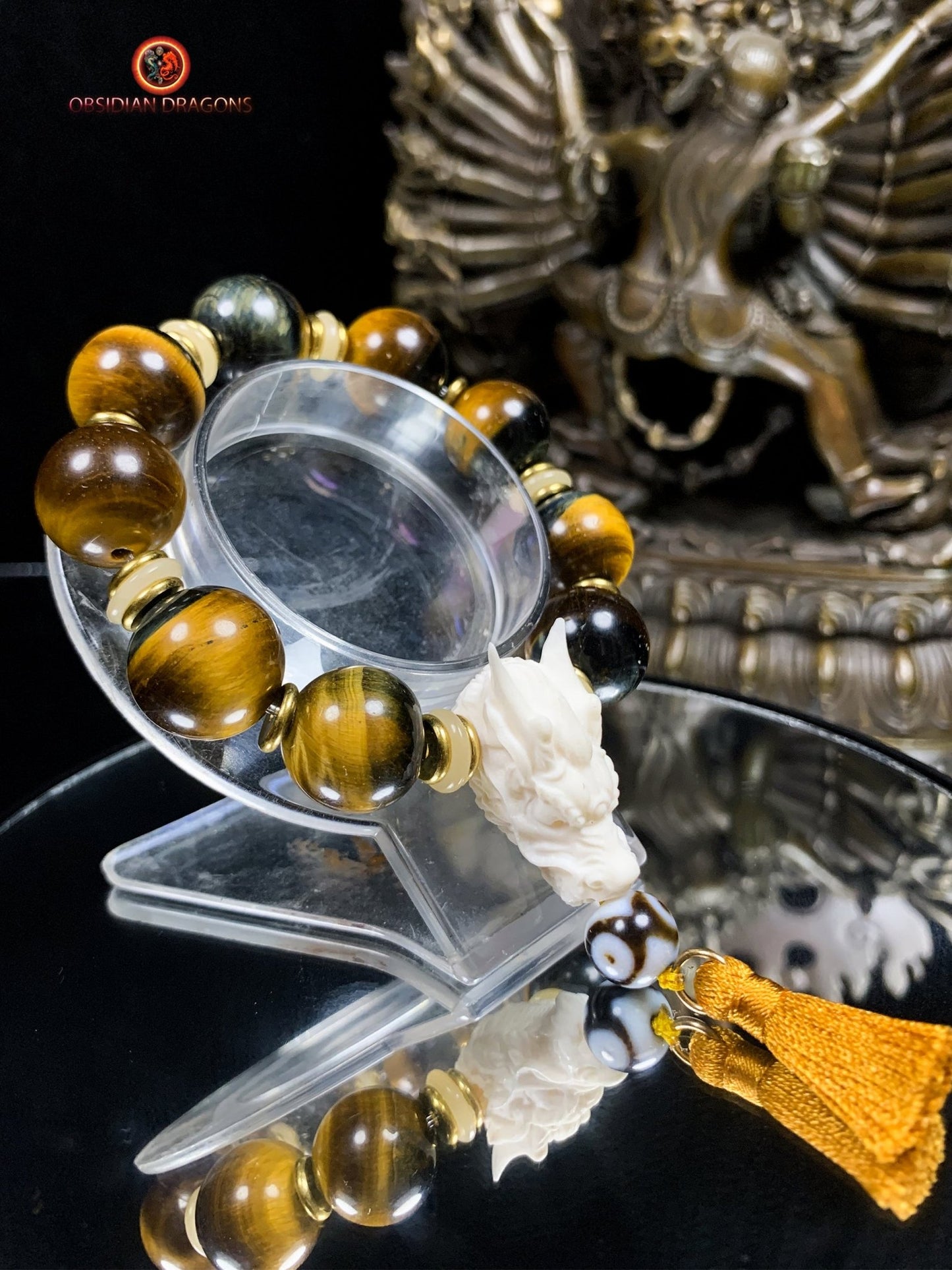 Bracelet Dragon Bois de Cerf - perles en oeil de tigre | obsidian dragons