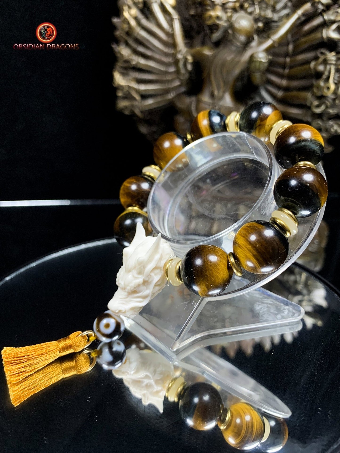 Bracelet Dragon Bois de Cerf - perles en oeil de tigre | obsidian dragons
