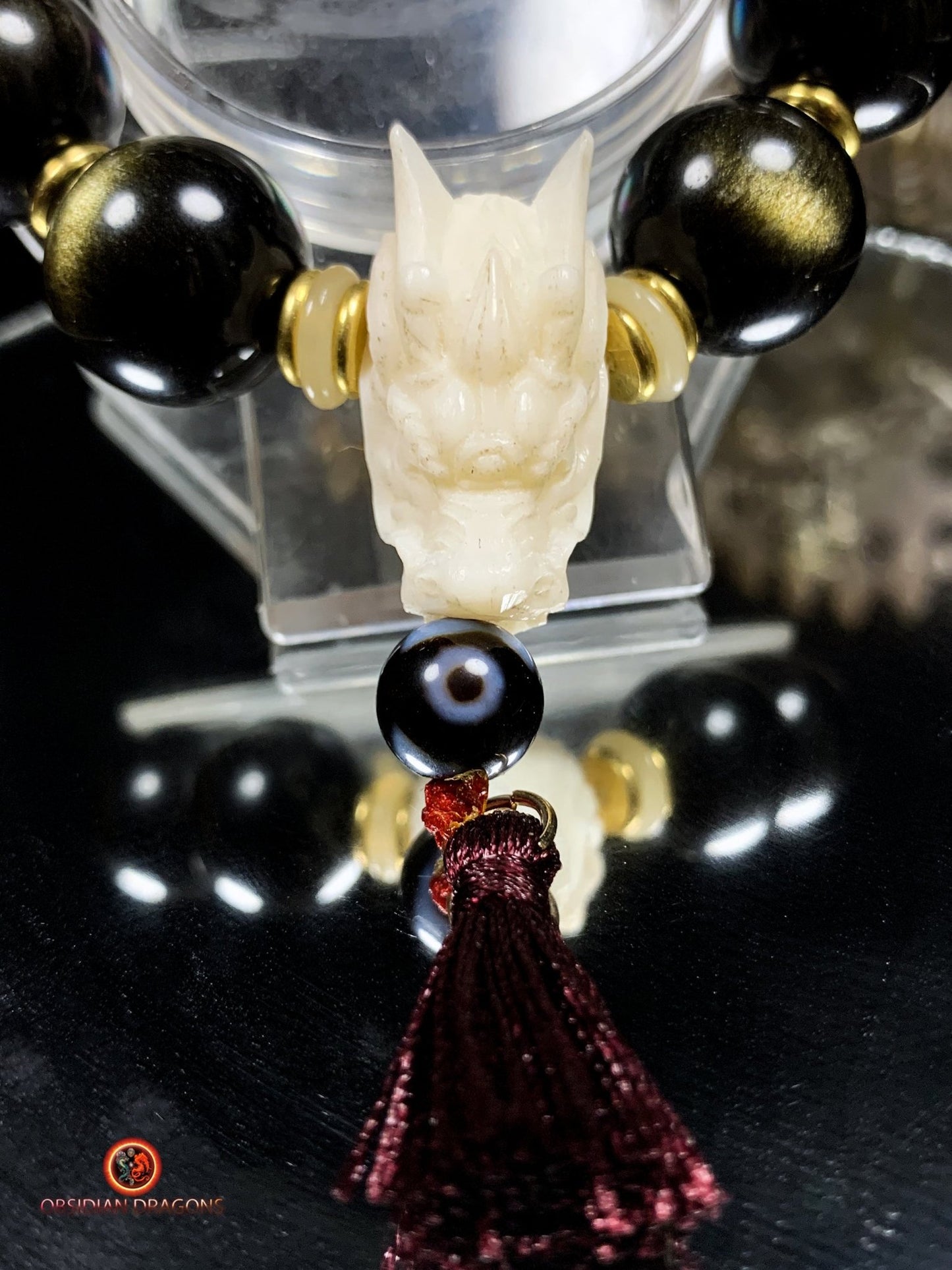 Bracelet Dragon Bois de Cerf - Perles Obsidienne Dorée | obsidian dragons