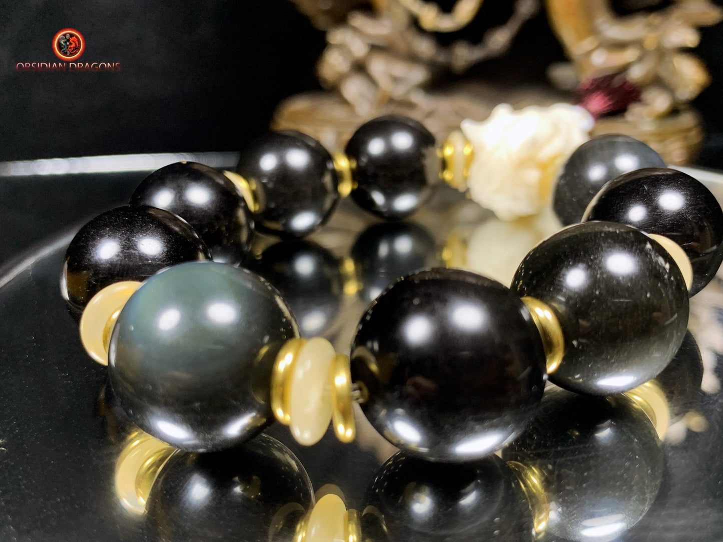 Bracelet Dragon Bois de Cerf - Obsidiennes oeil celeste | obsidian dragons
