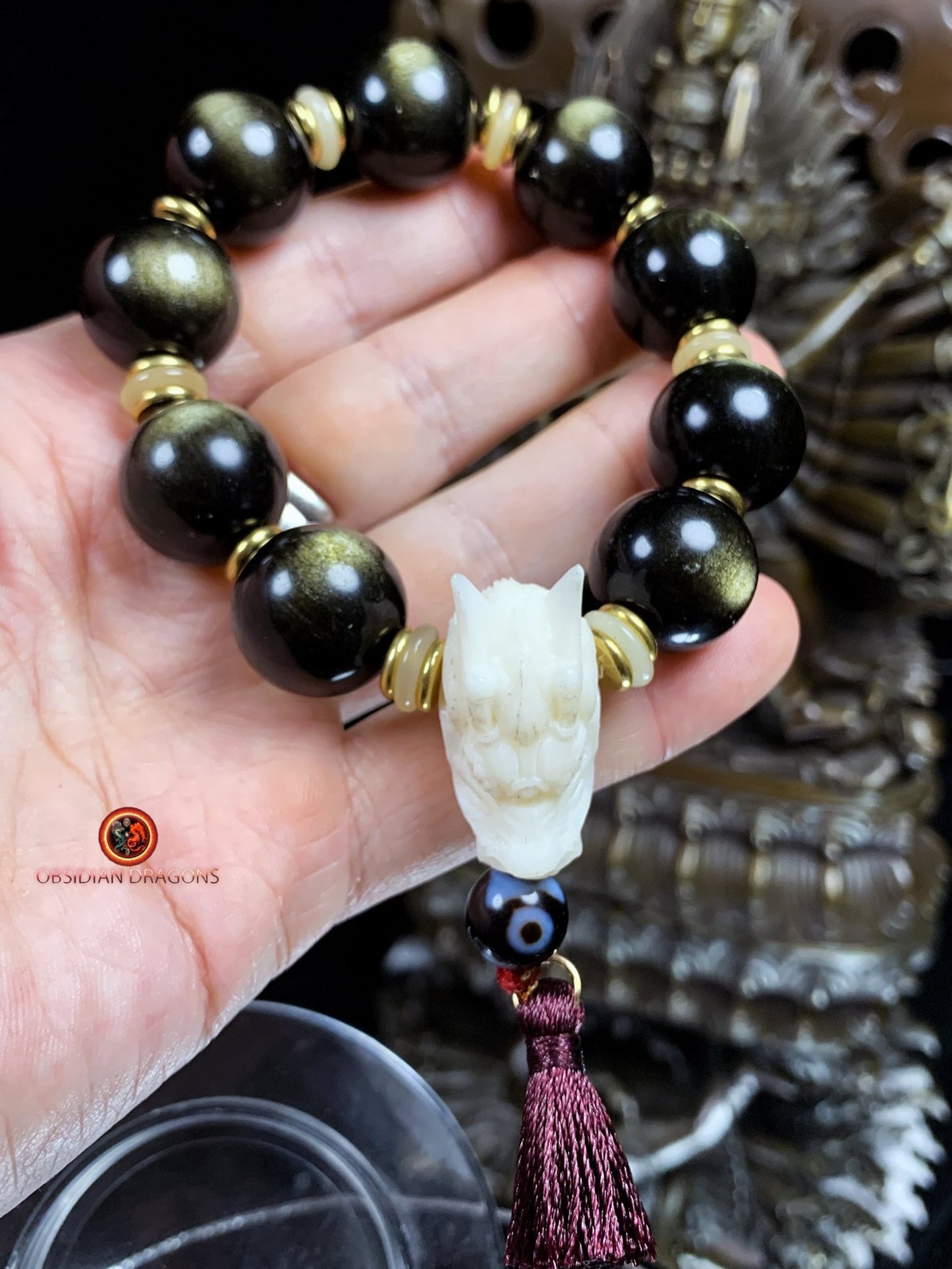 Bracelet Dragon Bois de Cerf - Perles Obsidienne Dorée | obsidian dragons