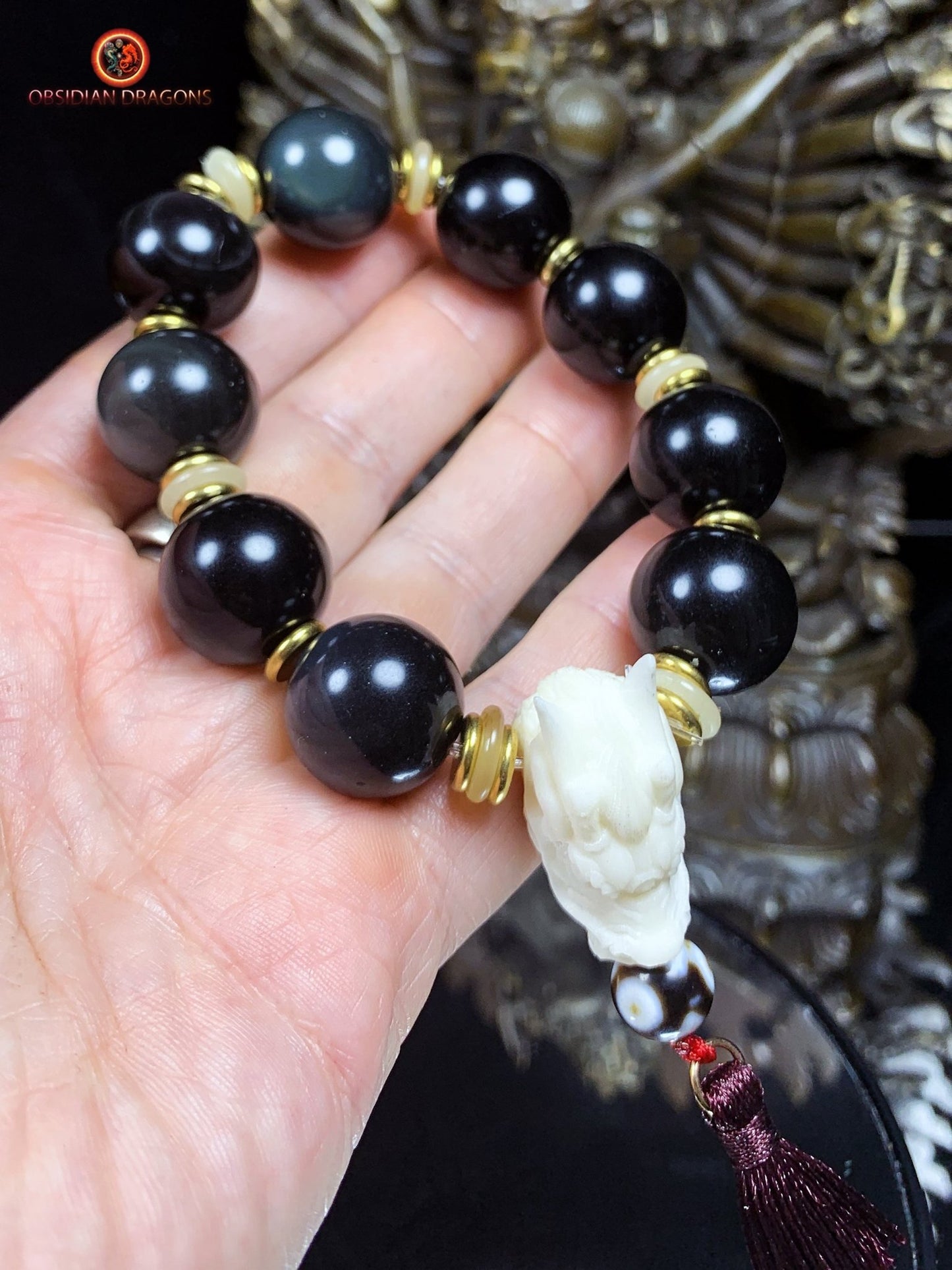 Bracelet Dragon Bois de Cerf - Obsidiennes oeil celeste | obsidian dragons