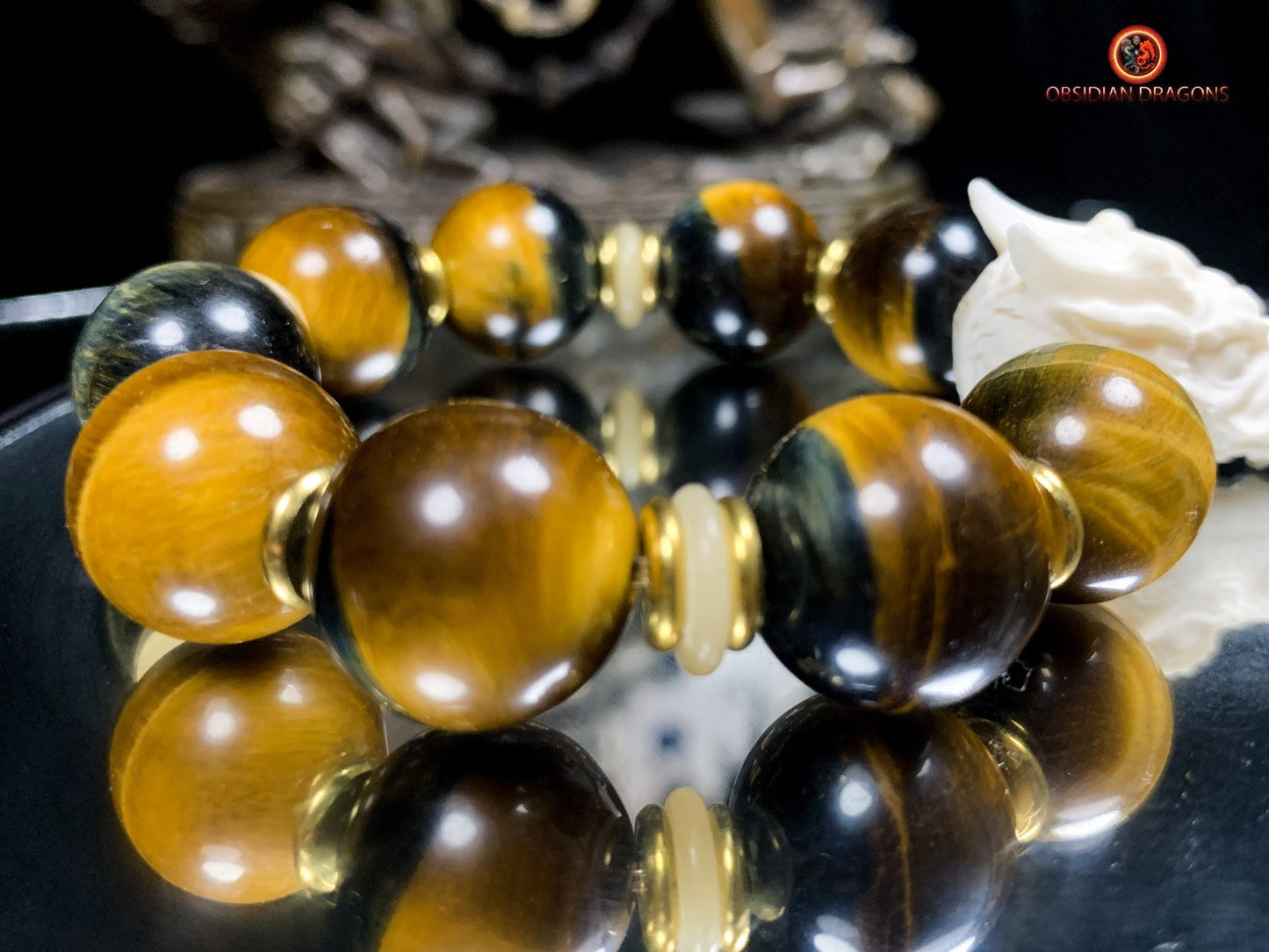 Bracelet Dragon Bois de Cerf - perles en oeil de tigre | obsidian dragons