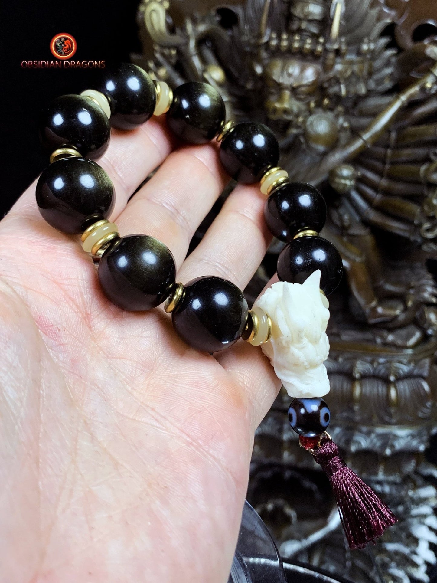 Bracelet Dragon Bois de Cerf - Perles Obsidienne Dorée | obsidian dragons