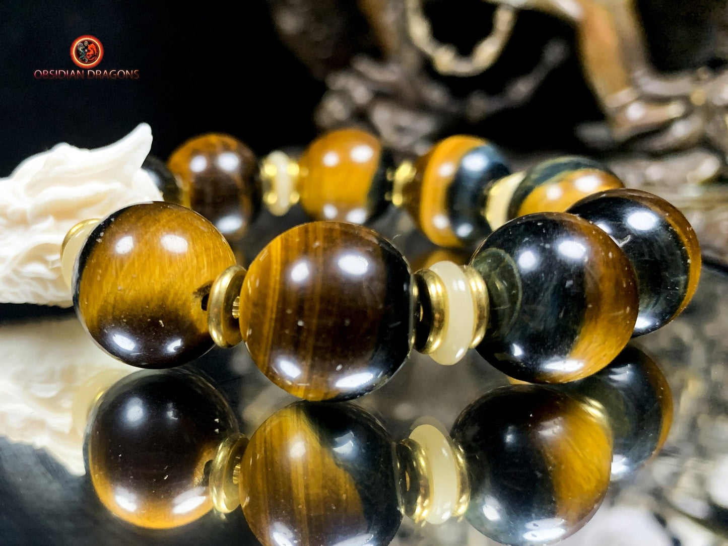 Bracelet Dragon Bois de Cerf - perles en oeil de tigre | obsidian dragons