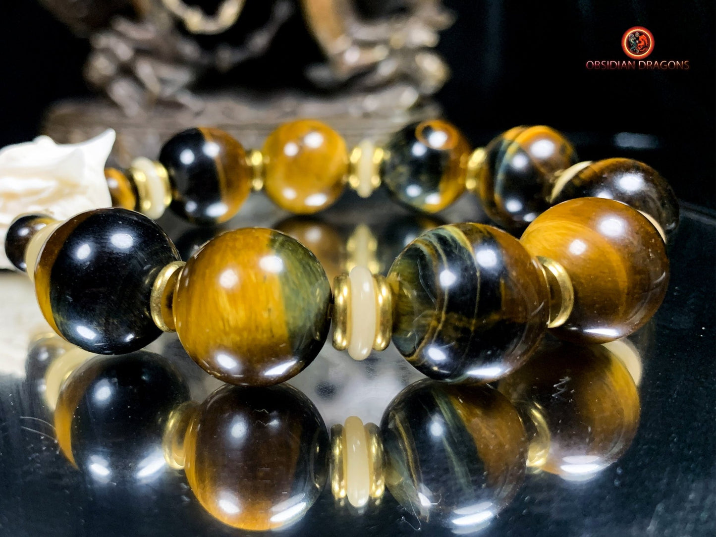 Bracelet Dragon Bois de Cerf - oeil de tigre | obsidian dragons