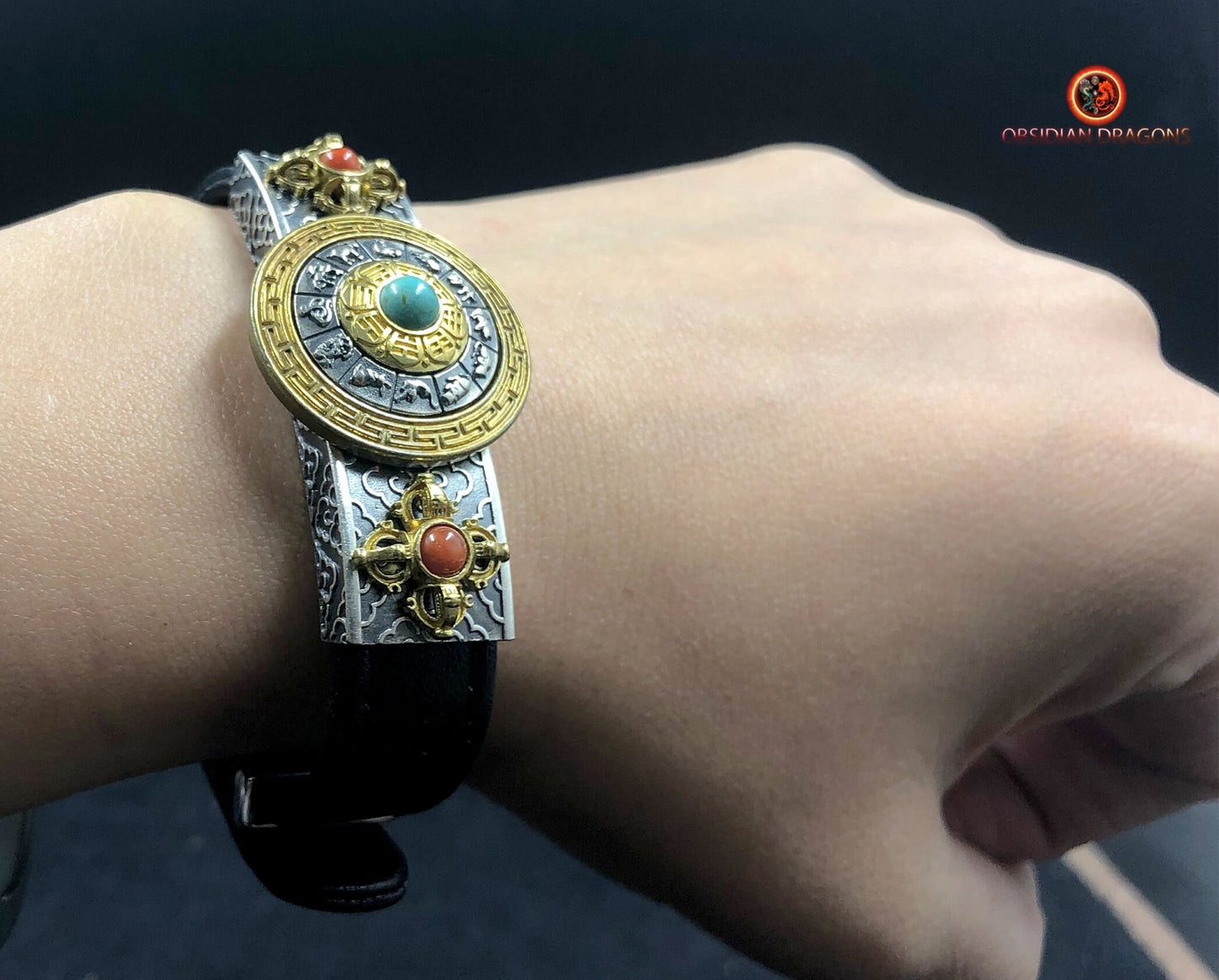 Bracelet Feng shui- Argent et cuir- Trigrammes Bagua | obsidian dragons