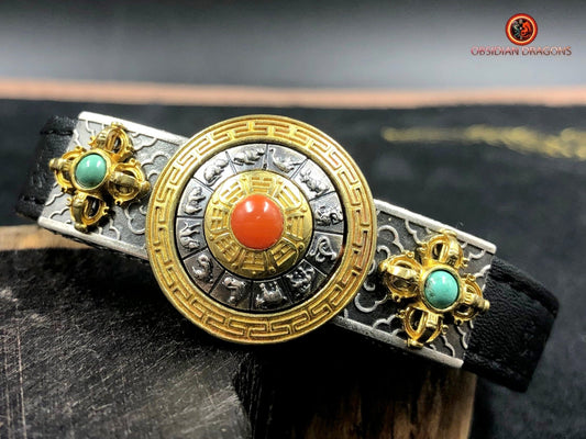 Bracelet Feng shui- Argent et cuir- Trigrammes Bagua | obsidian dragons