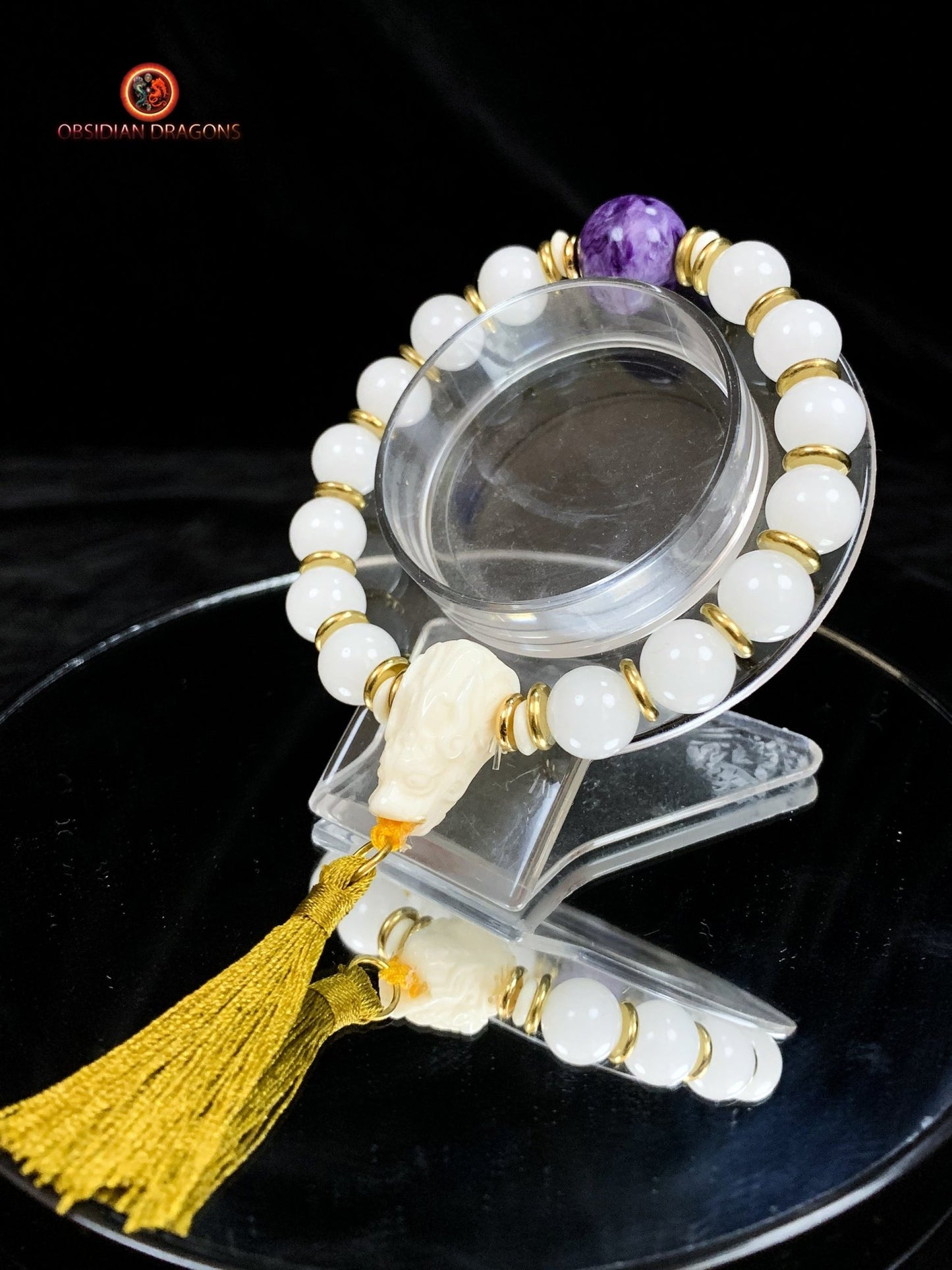 Bracelet en jade blanc et Charoïte- Protection du dragon | obsidian dragons