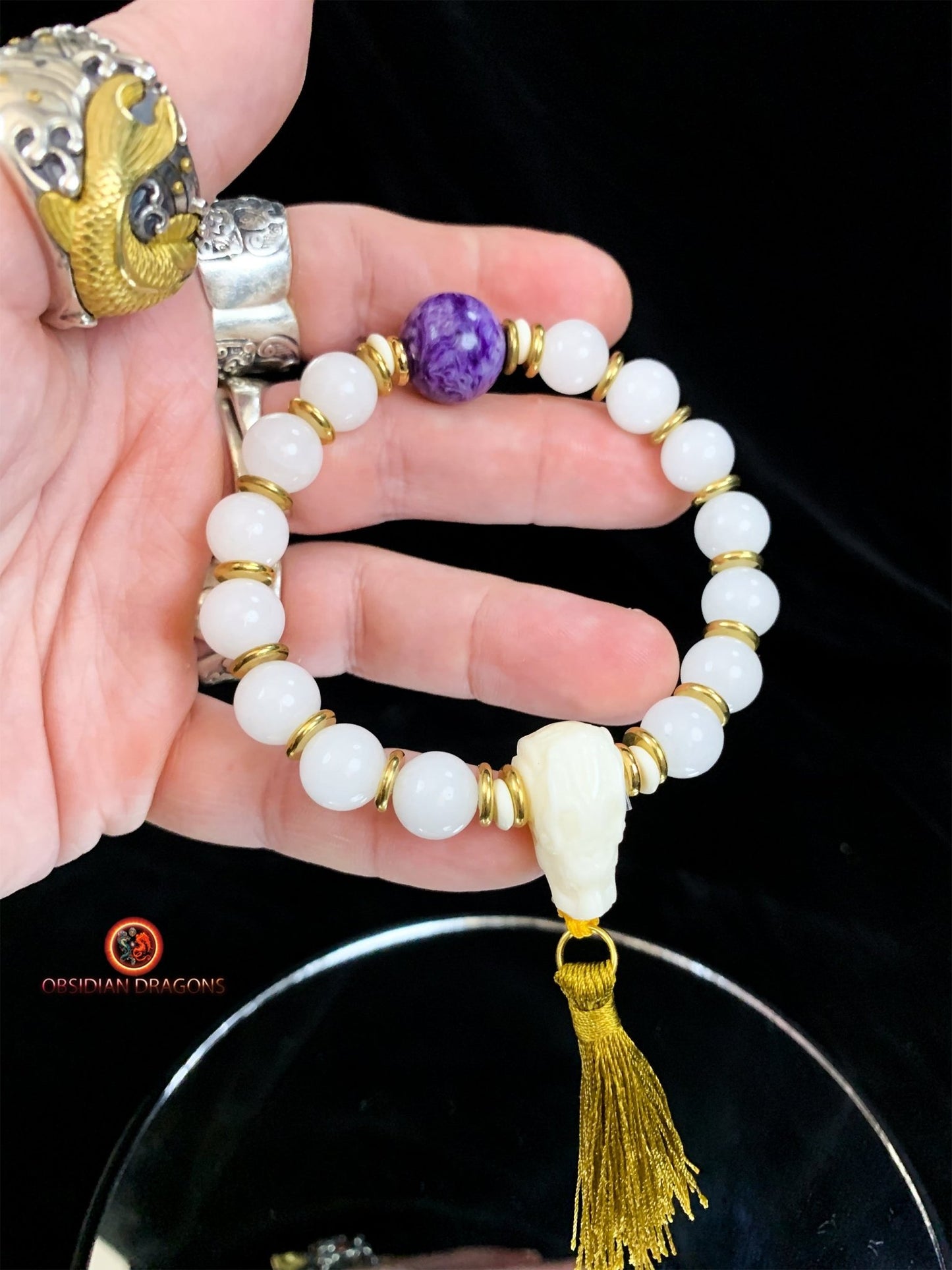 Bracelet en jade blanc et Charoïte- Protection du dragon | obsidian dragons