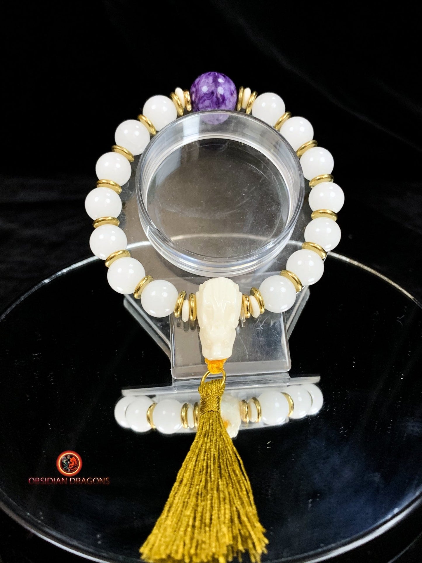 Bracelet en jade blanc et Charoïte- Protection du dragon | obsidian dragons