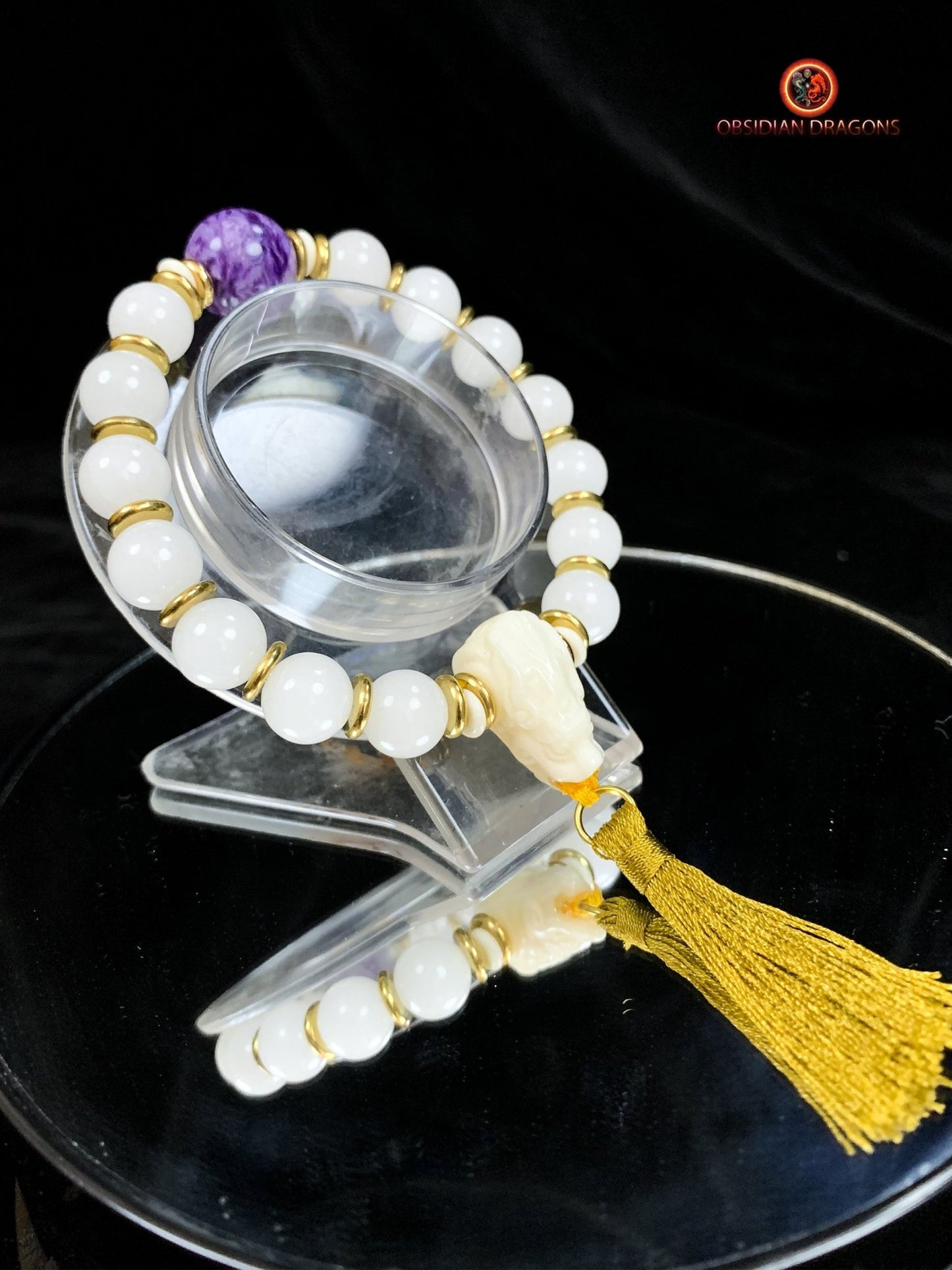 Bracelet en jade blanc et Charoïte- Protection du dragon | obsidian dragons