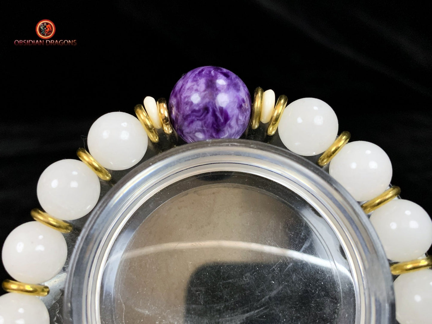 Bracelet en jade blanc et Charoïte- Protection du dragon | obsidian dragons