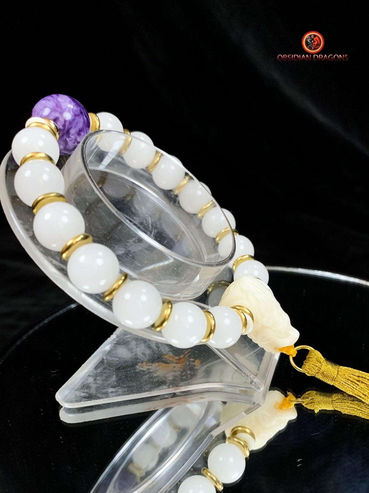 Bracelet en jade blanc et Charoïte- Protection du dragon | obsidian dragons