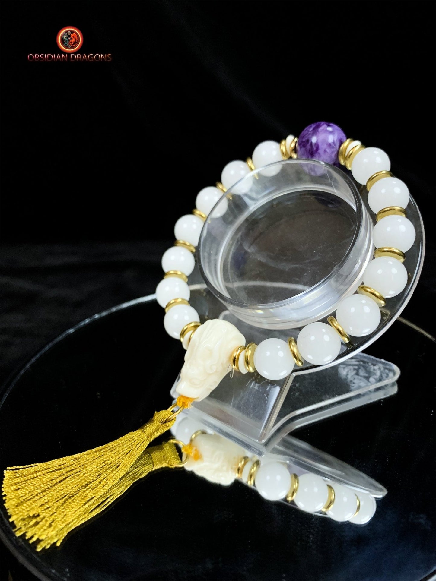 Bracelet en jade blanc et Charoïte- Protection du dragon | obsidian dragons