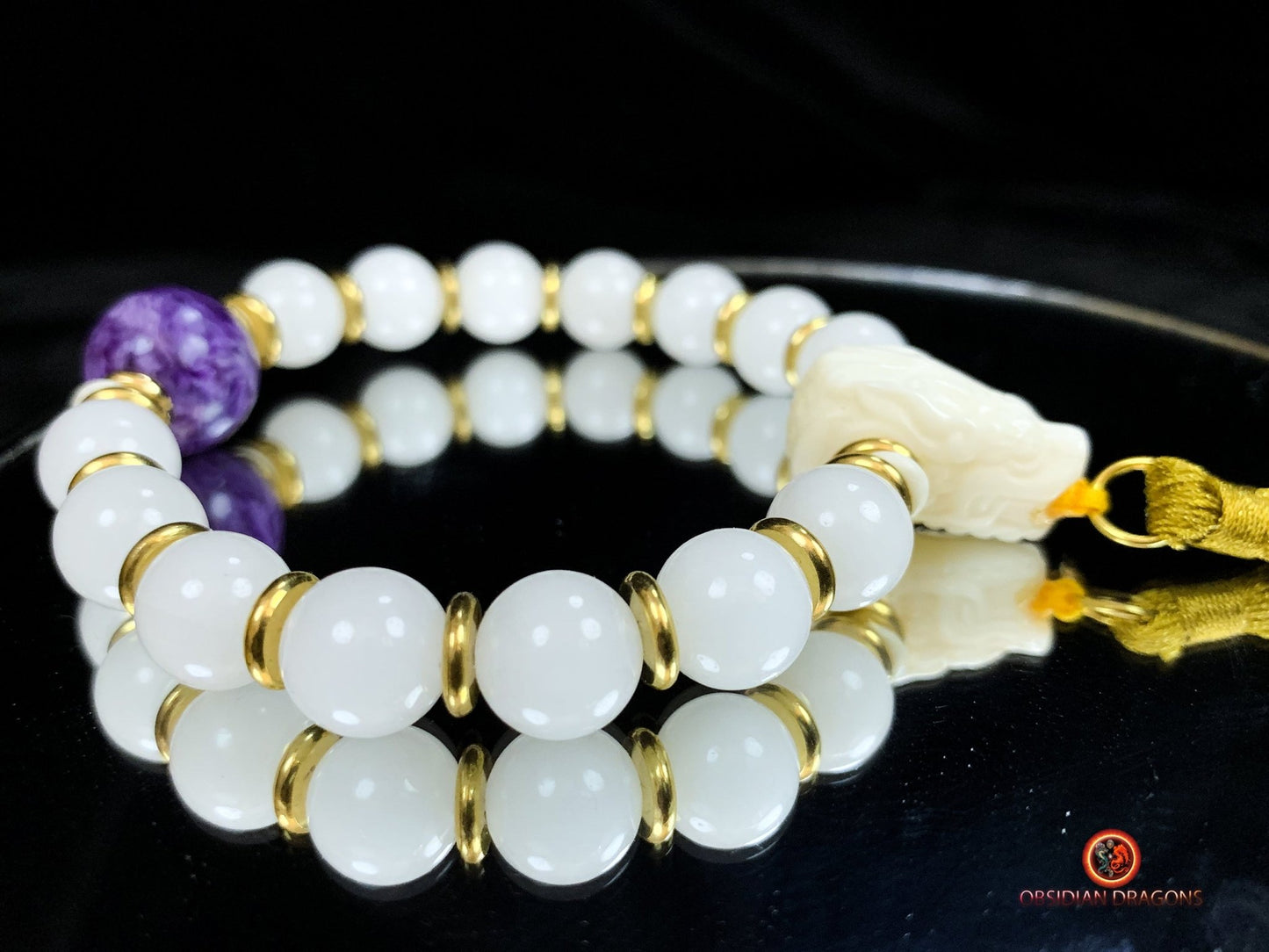Bracelet en jade blanc et Charoïte- Protection du dragon | obsidian dragons