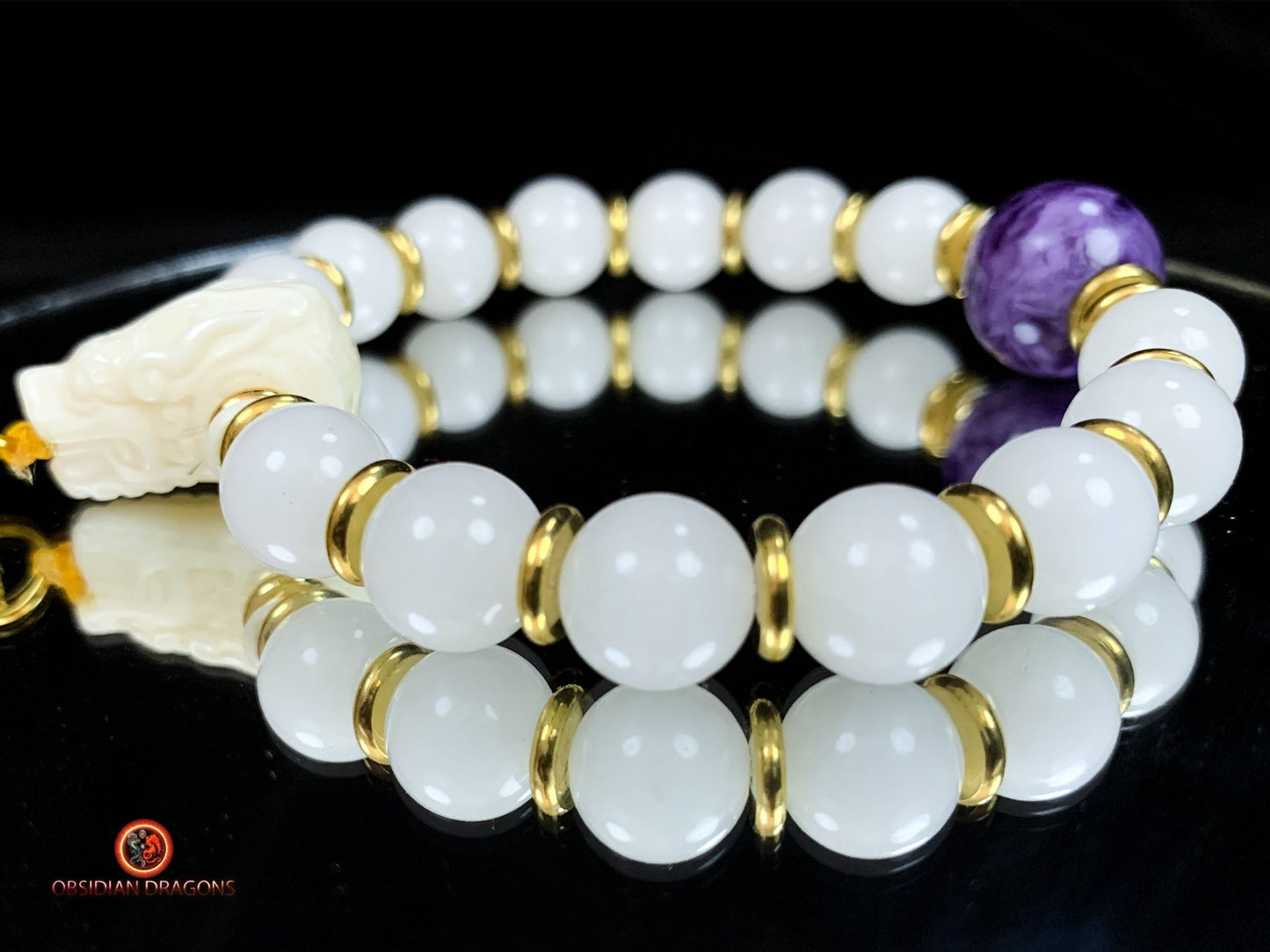 Bracelet en jade blanc et Charoïte- Protection du dragon | obsidian dragons