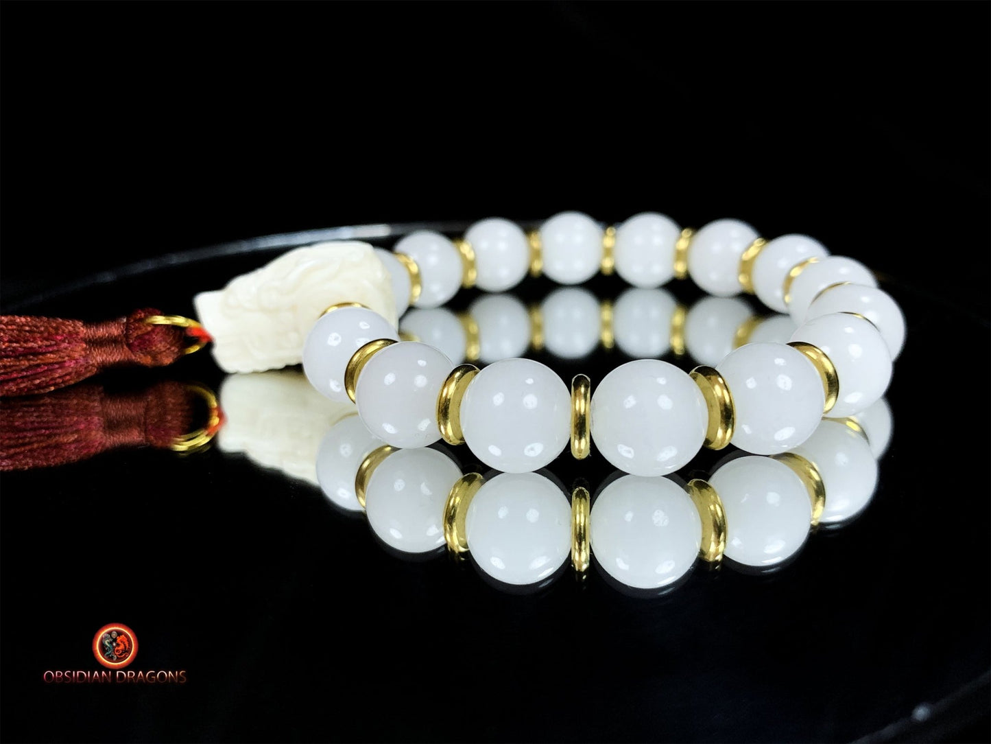 Bracelet en jade blanc- protection du dragon | obsidian dragons