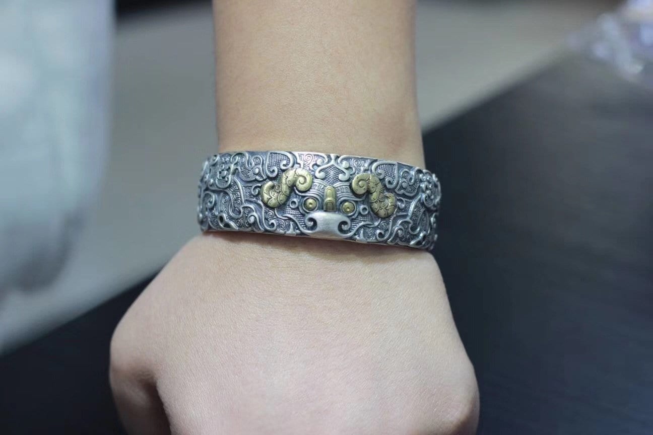 Bracelet jonc Feng Shui. Protection du dragon taotie.Argent 925, cuivre. - obsidian dragon