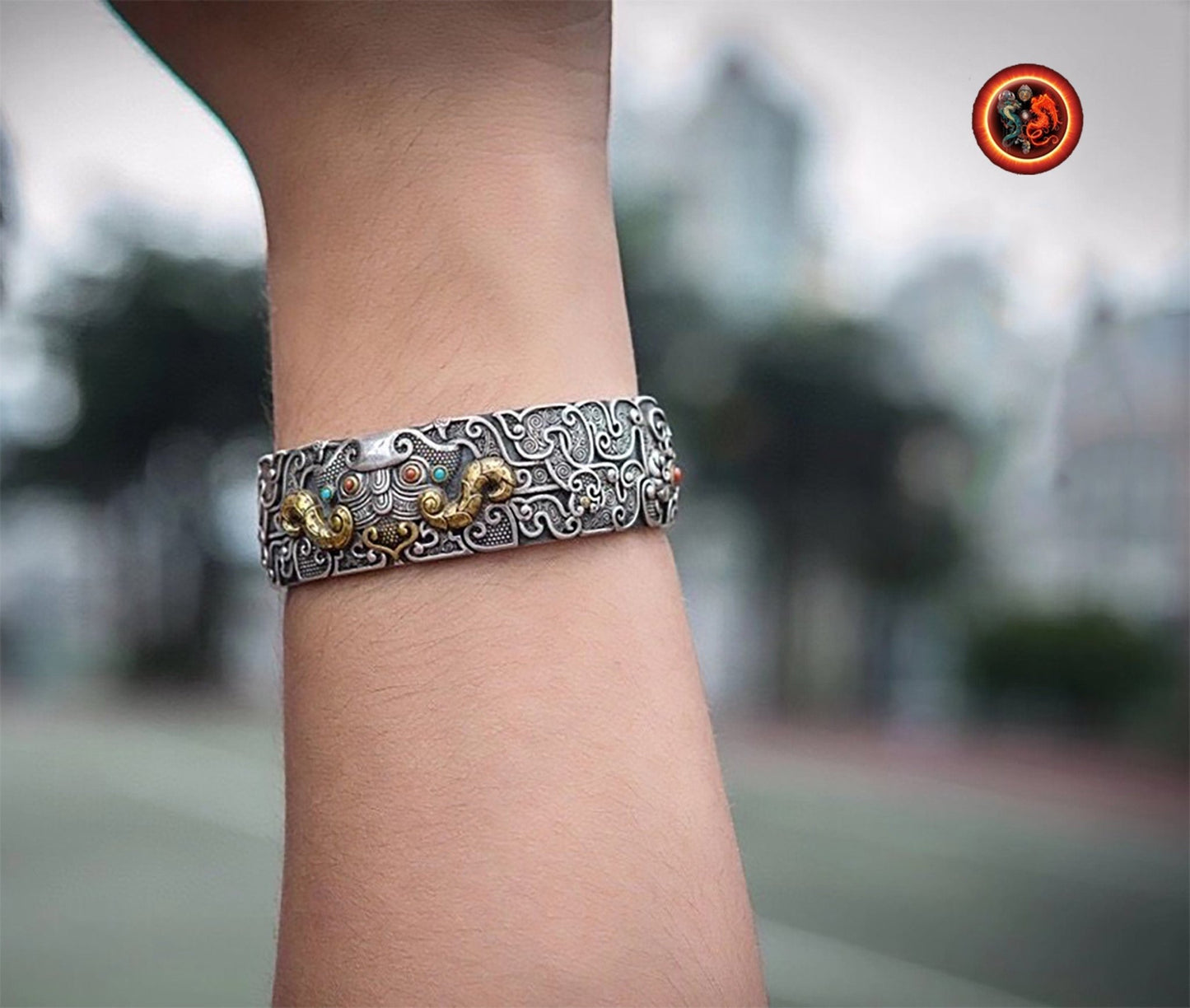 Bracelet manchette dragon-Argent 925- Taotié | obsidian dragons
