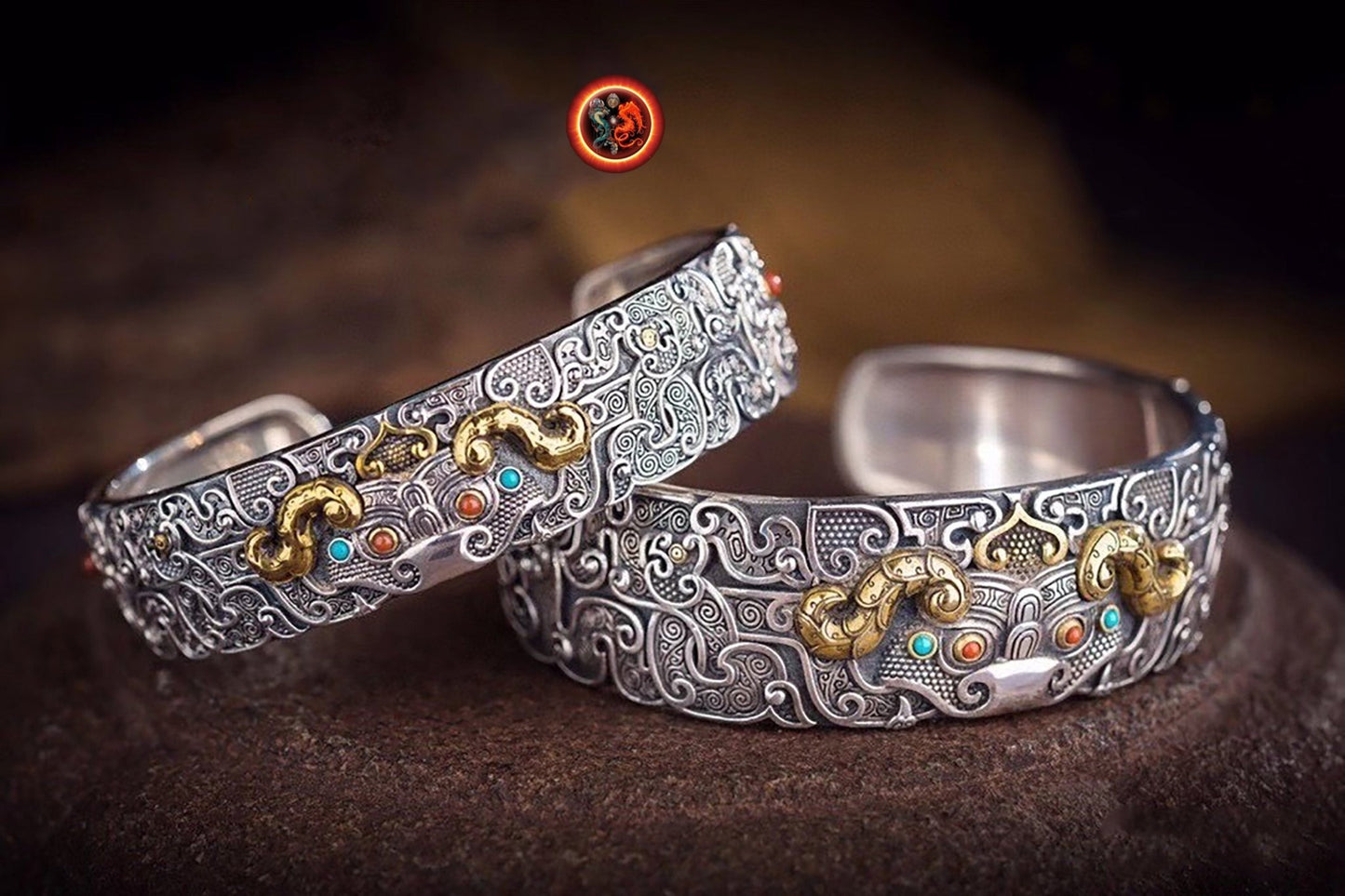 Bracelet manchette dragon-Argent 925- Taotié | obsidian dragons