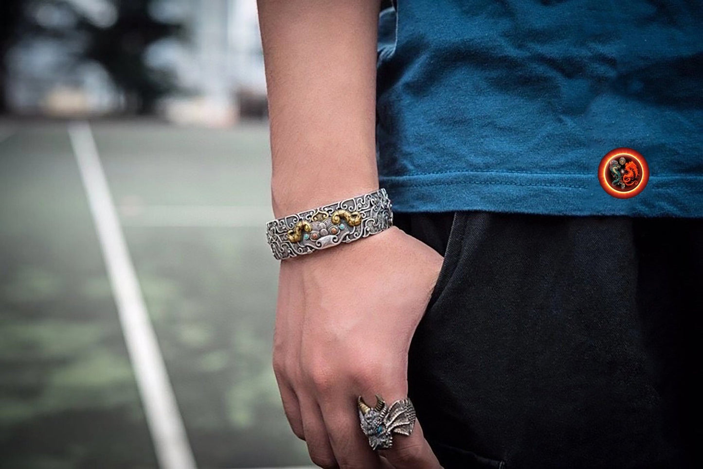 Bracelet manchette dragon-Argent 925- Taotié | obsidian dragons