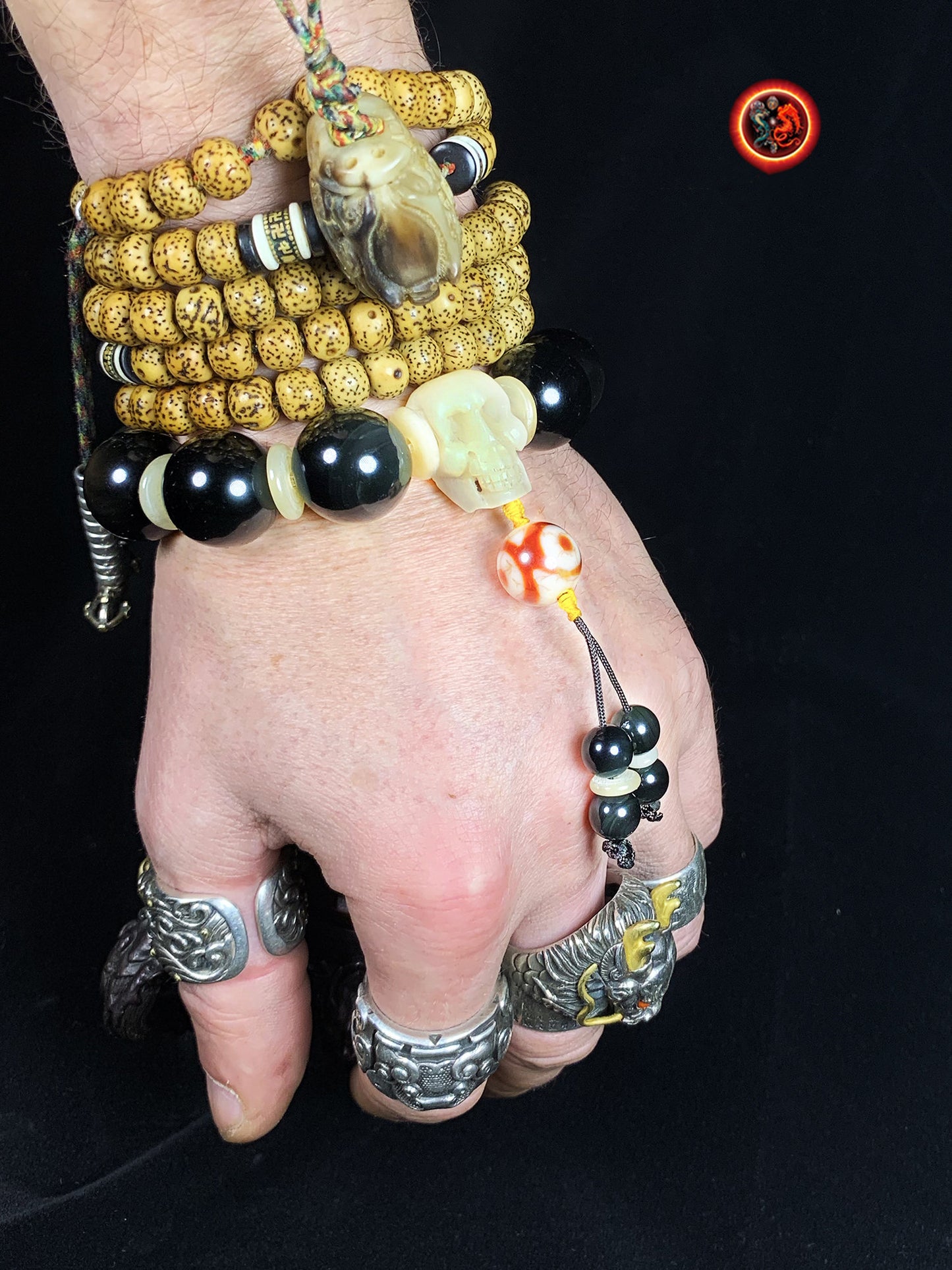 gros bracelet Obsidienne oeil celeste et crâne perles de 18mm de diamètre, os de buffle, agate sacré tibétaine (DZI) - obsidian dragon